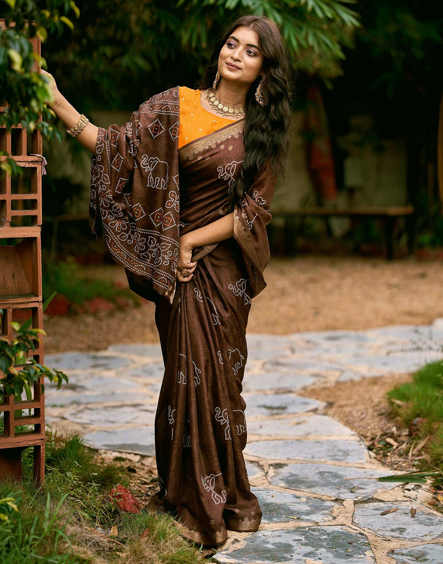 Brown Silk Bandhani Printed Saree