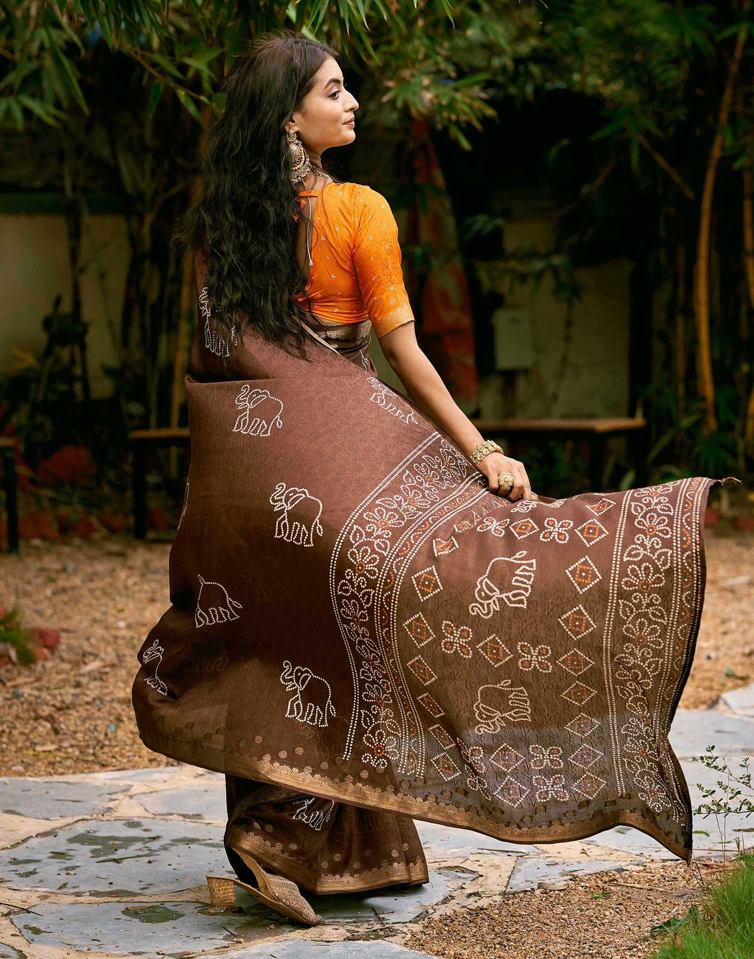 Brown Silk Bandhani Printed Saree