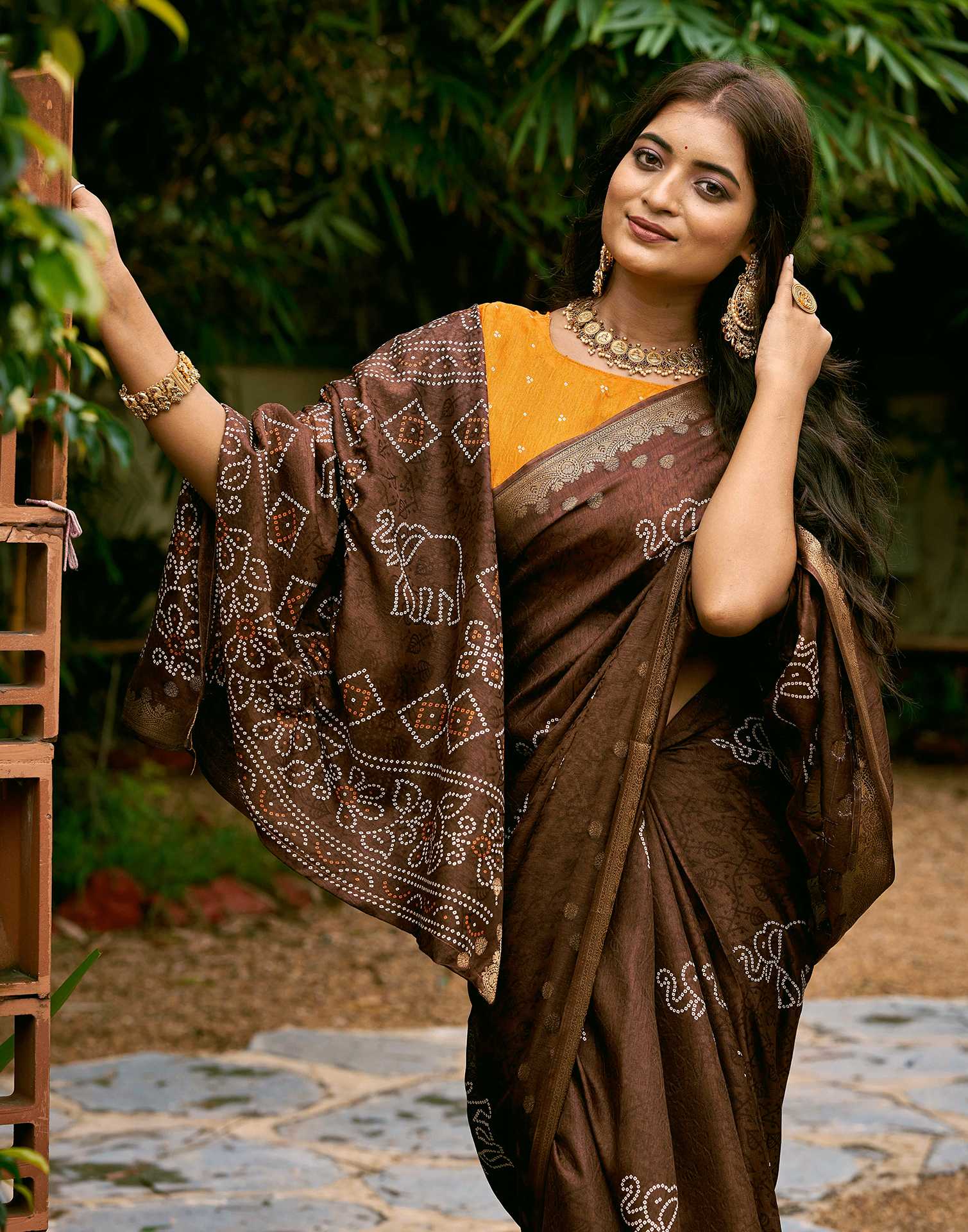 Brown Silk Bandhani Printed Saree