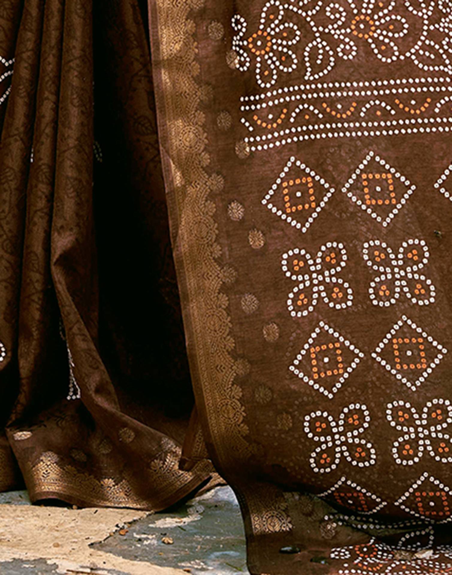 Brown Silk Bandhani Printed Saree