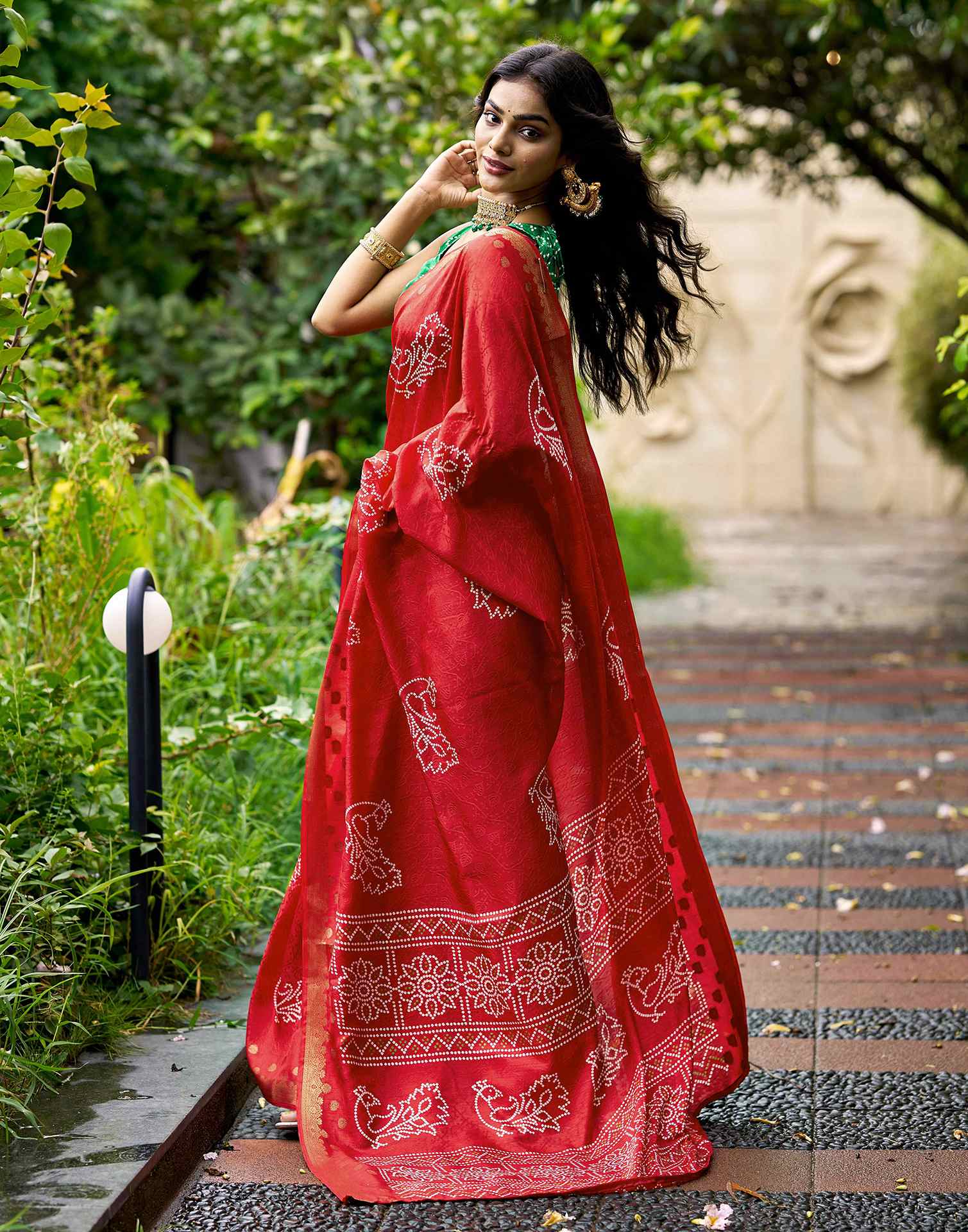 Red Silk Bandhani Printed Saree