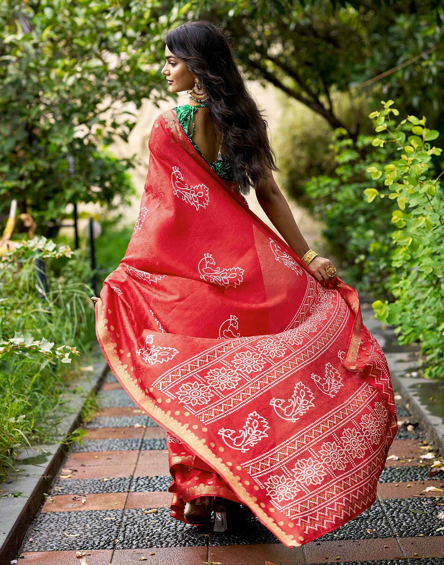 Red Silk Bandhani Printed Saree