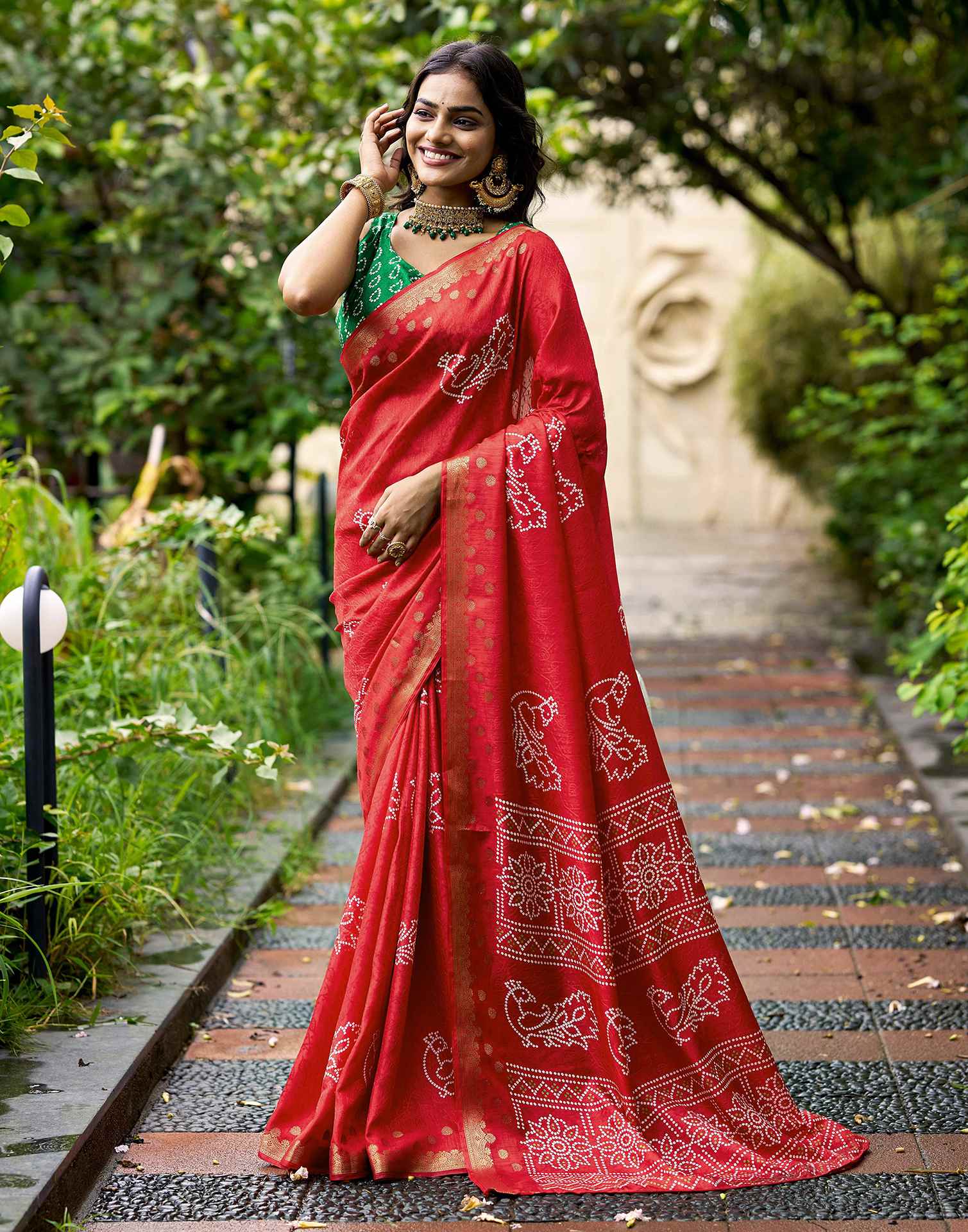Red Silk Bandhani Printed Saree