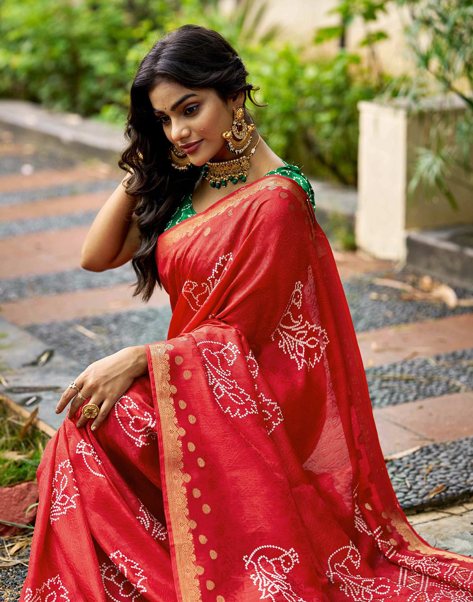 Red Silk Bandhani Printed Saree