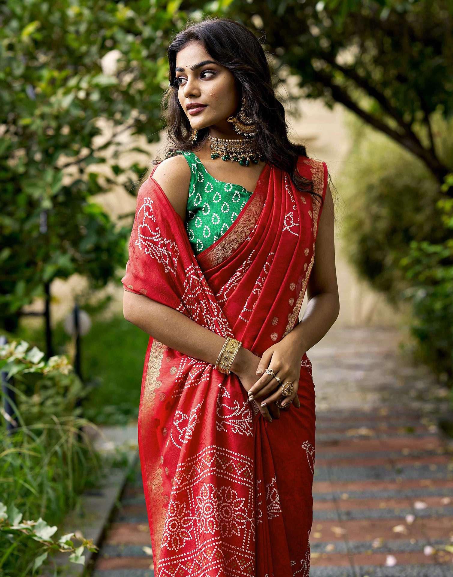 Red Silk Bandhani Printed Saree