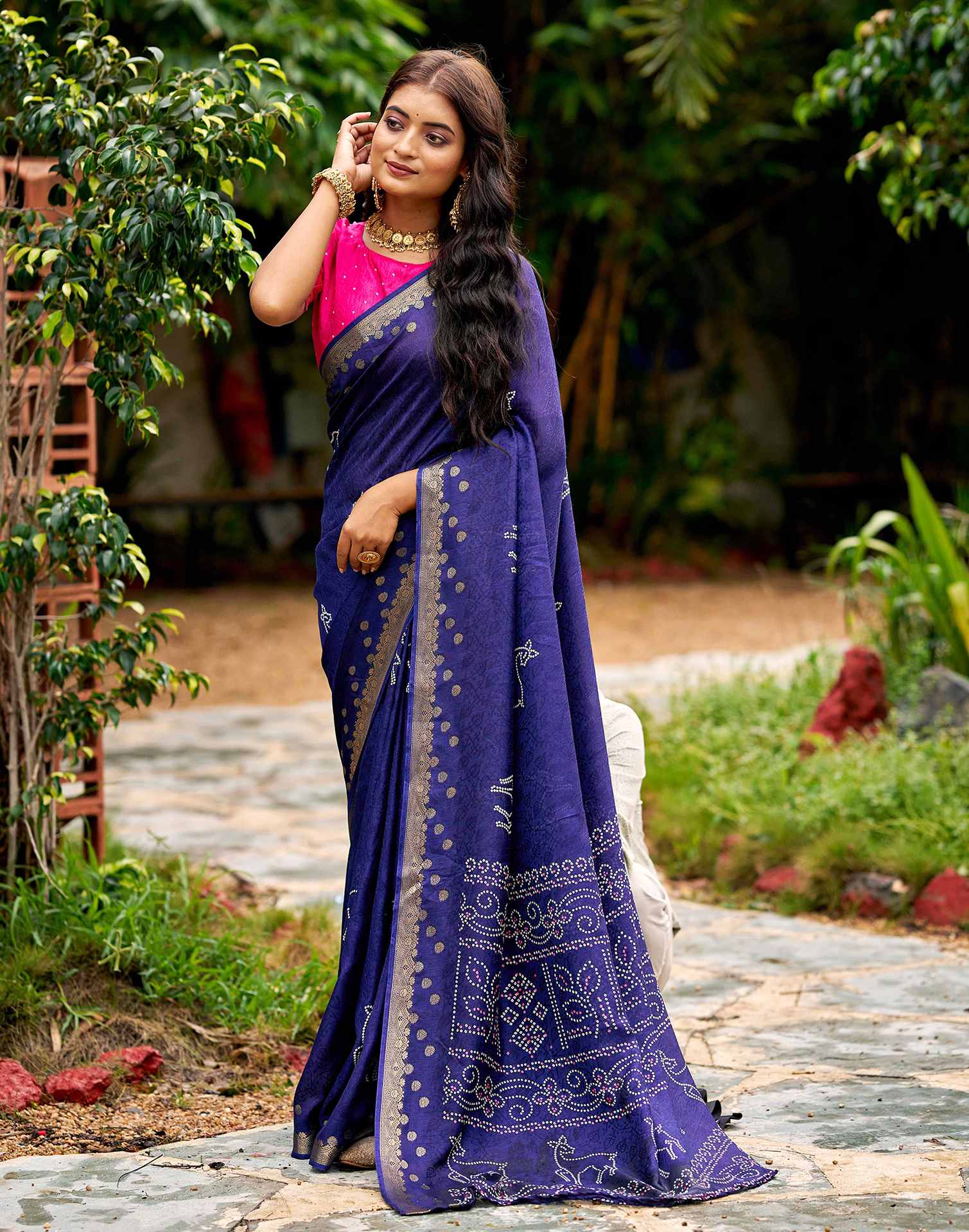 Navy Blue Silk Bandhani Printed Saree