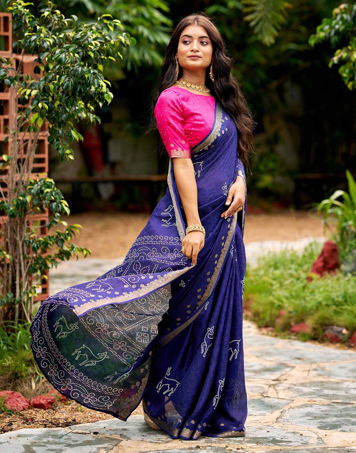 Navy Blue Silk Bandhani Printed Saree