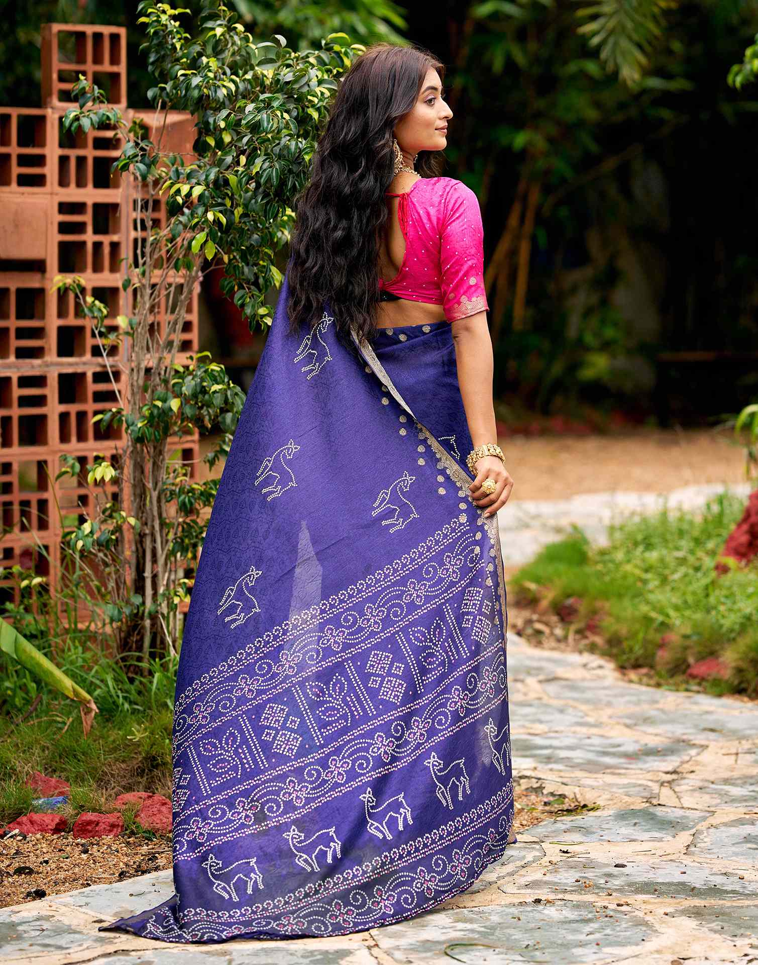 Navy Blue Silk Bandhani Printed Saree