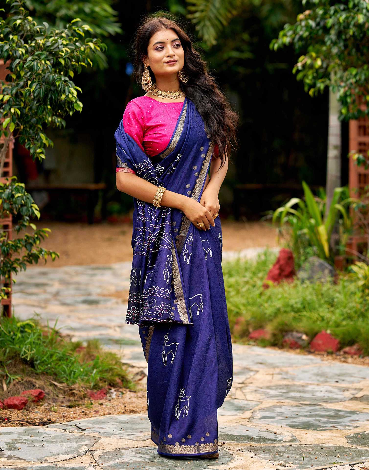 Navy Blue Silk Bandhani Printed Saree