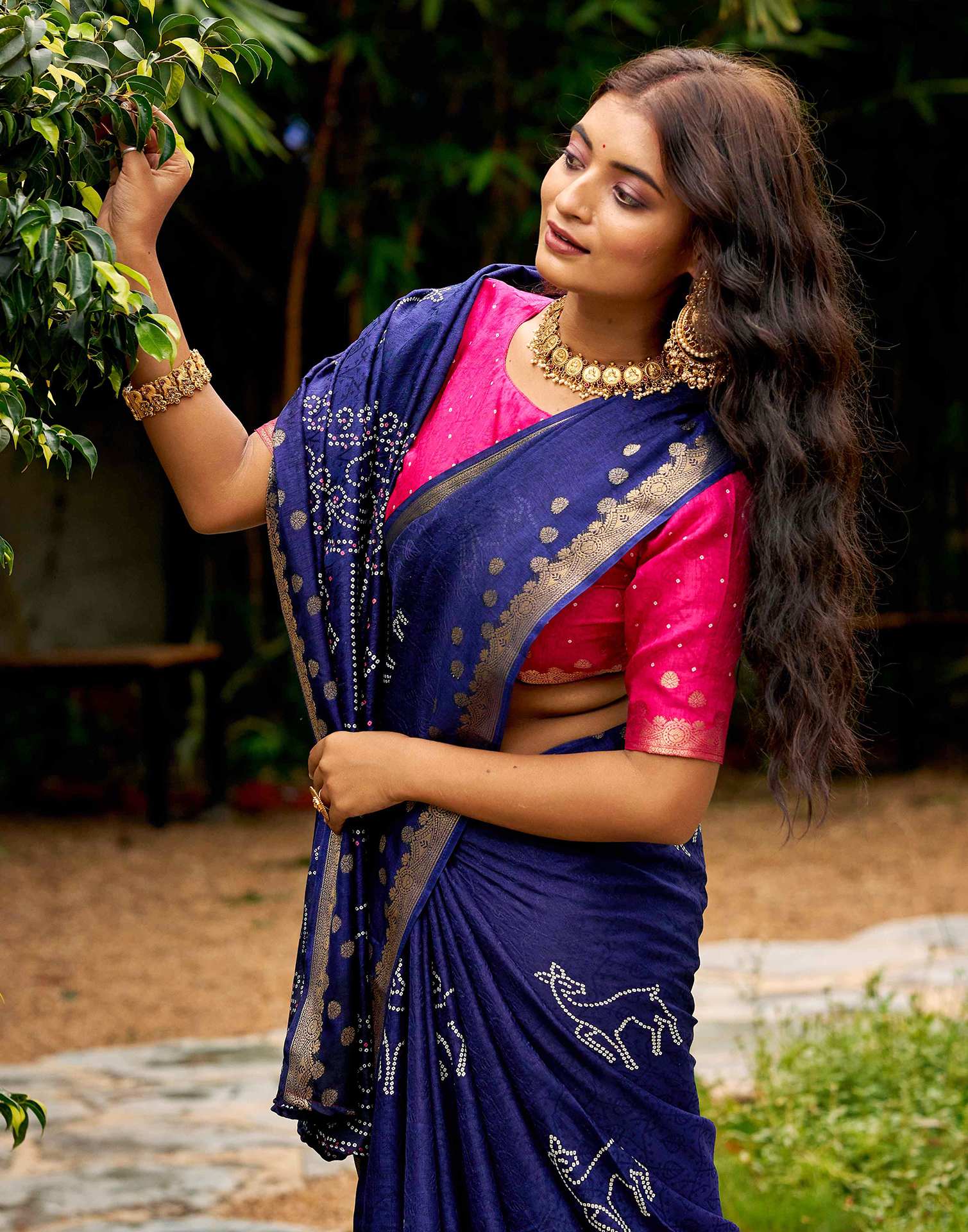 Navy Blue Silk Bandhani Printed Saree