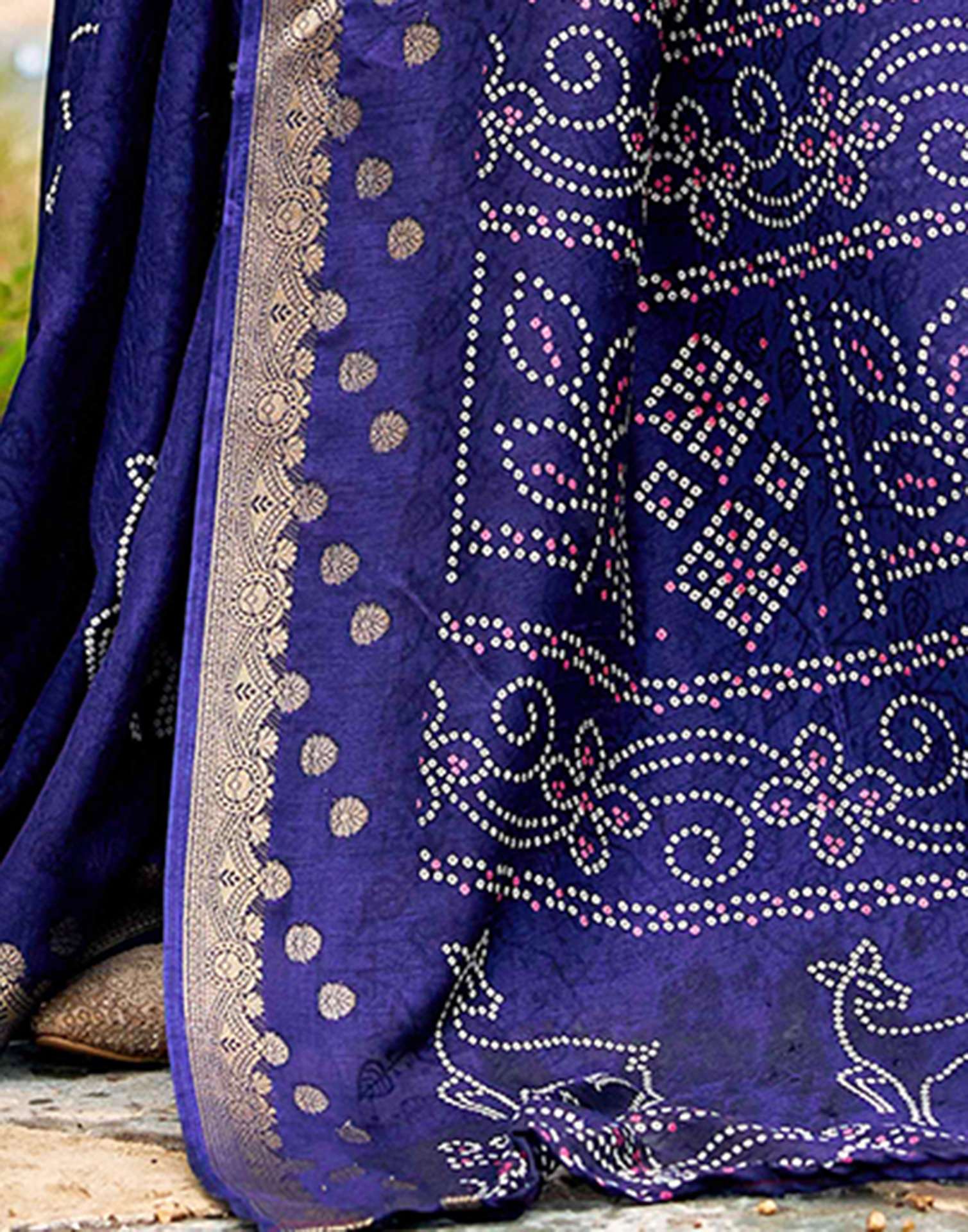Navy Blue Silk Bandhani Printed Saree