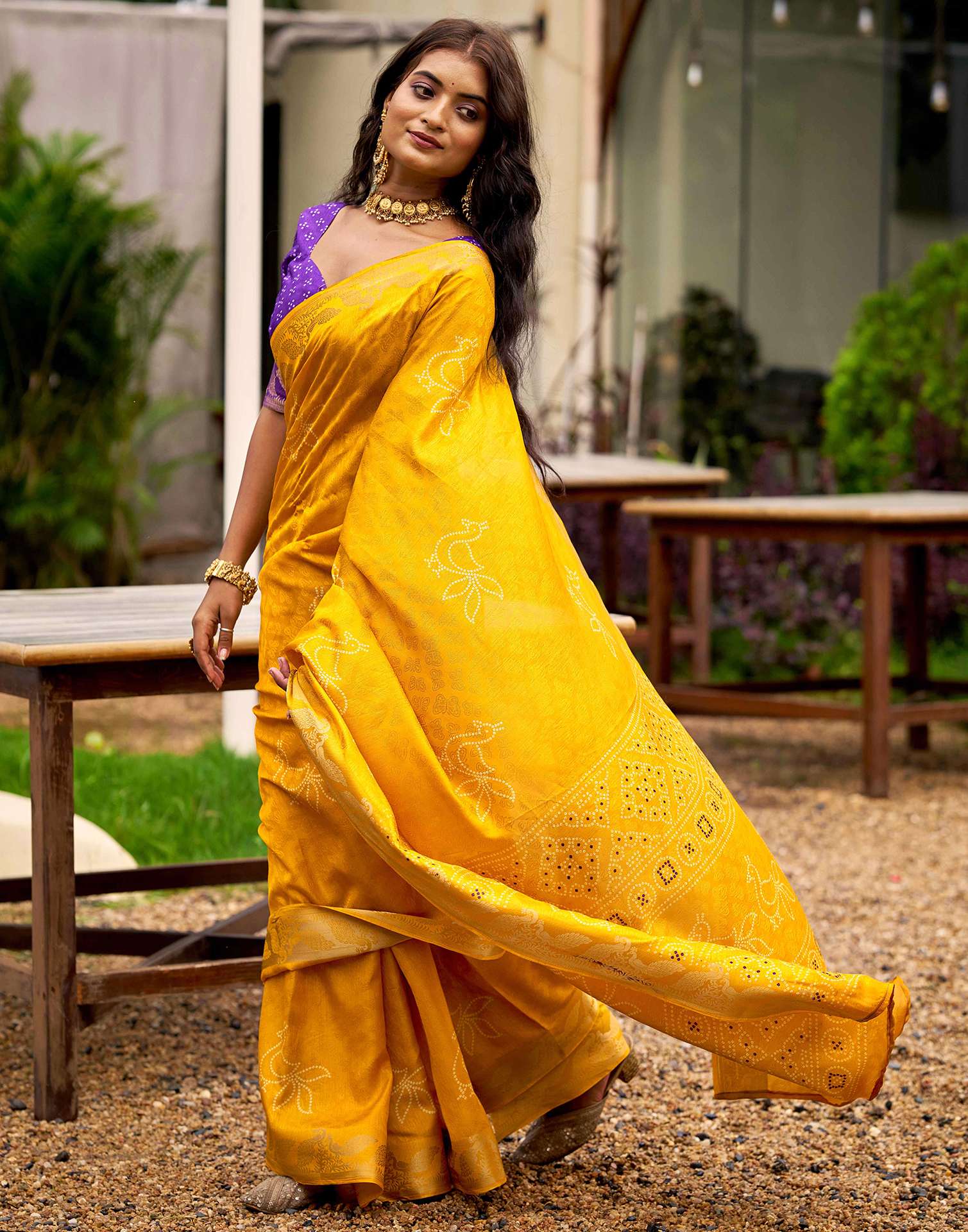 Yellow Silk Bandhani Printed Saree