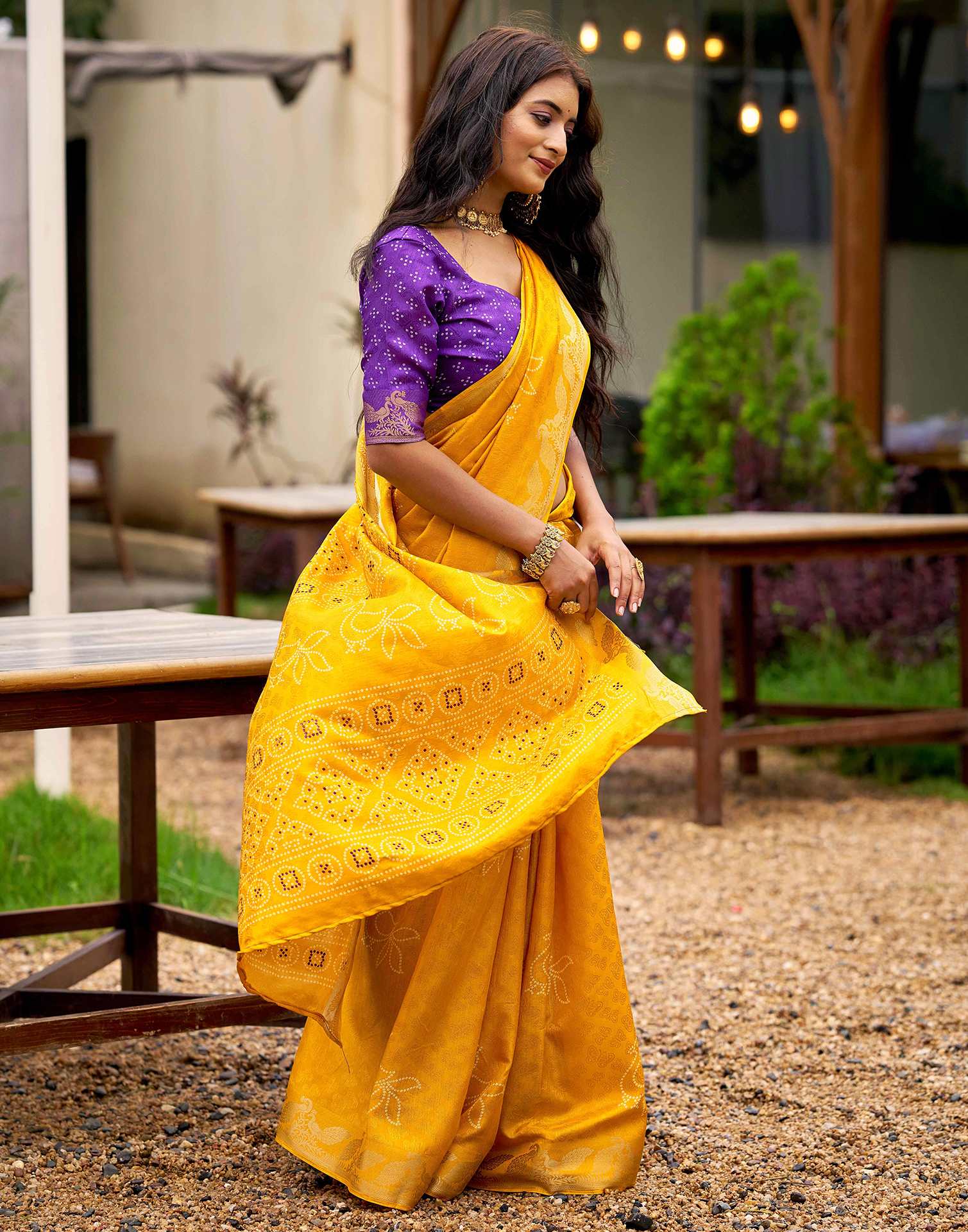 Yellow Silk Bandhani Printed Saree