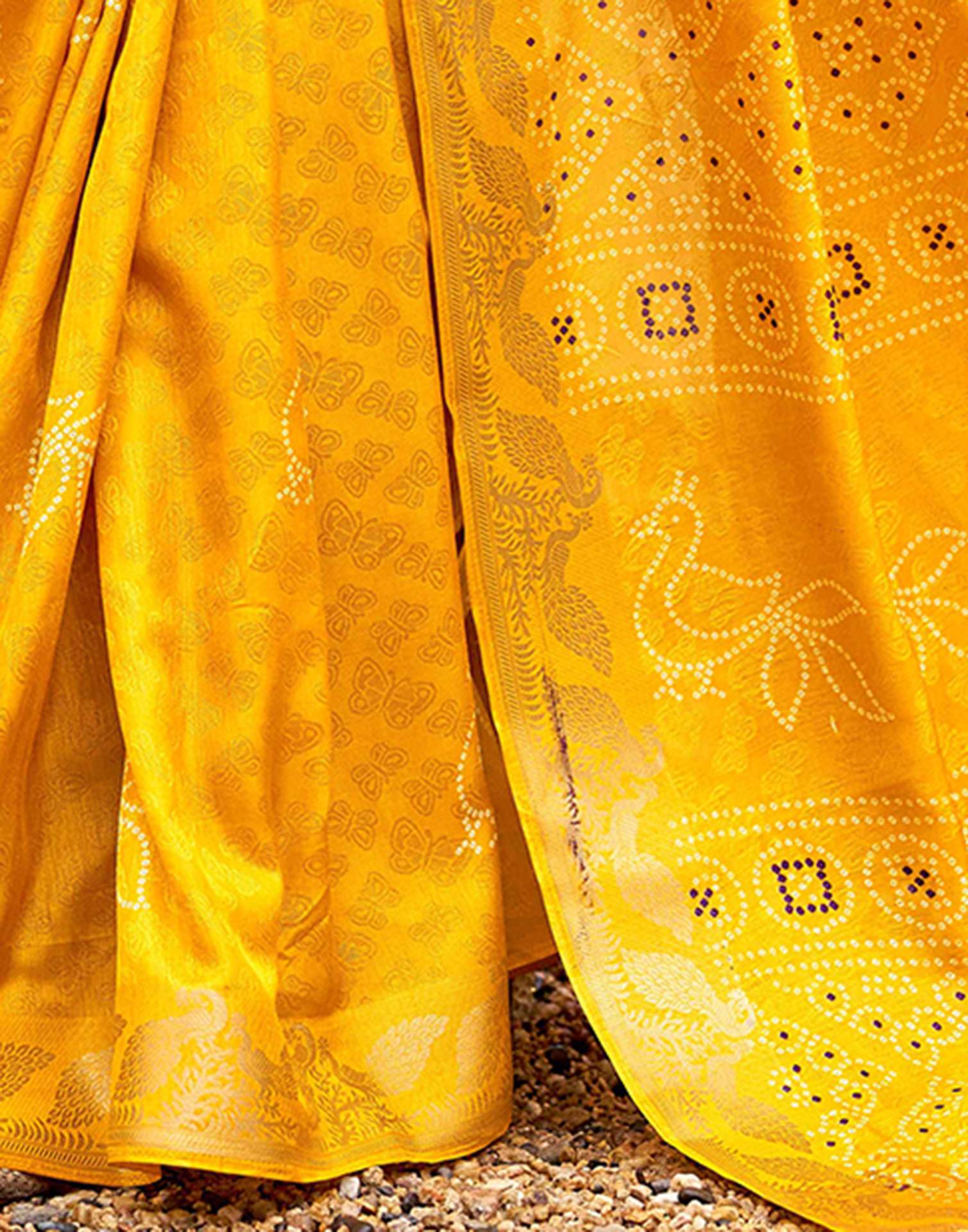 Yellow Silk Bandhani Printed Saree