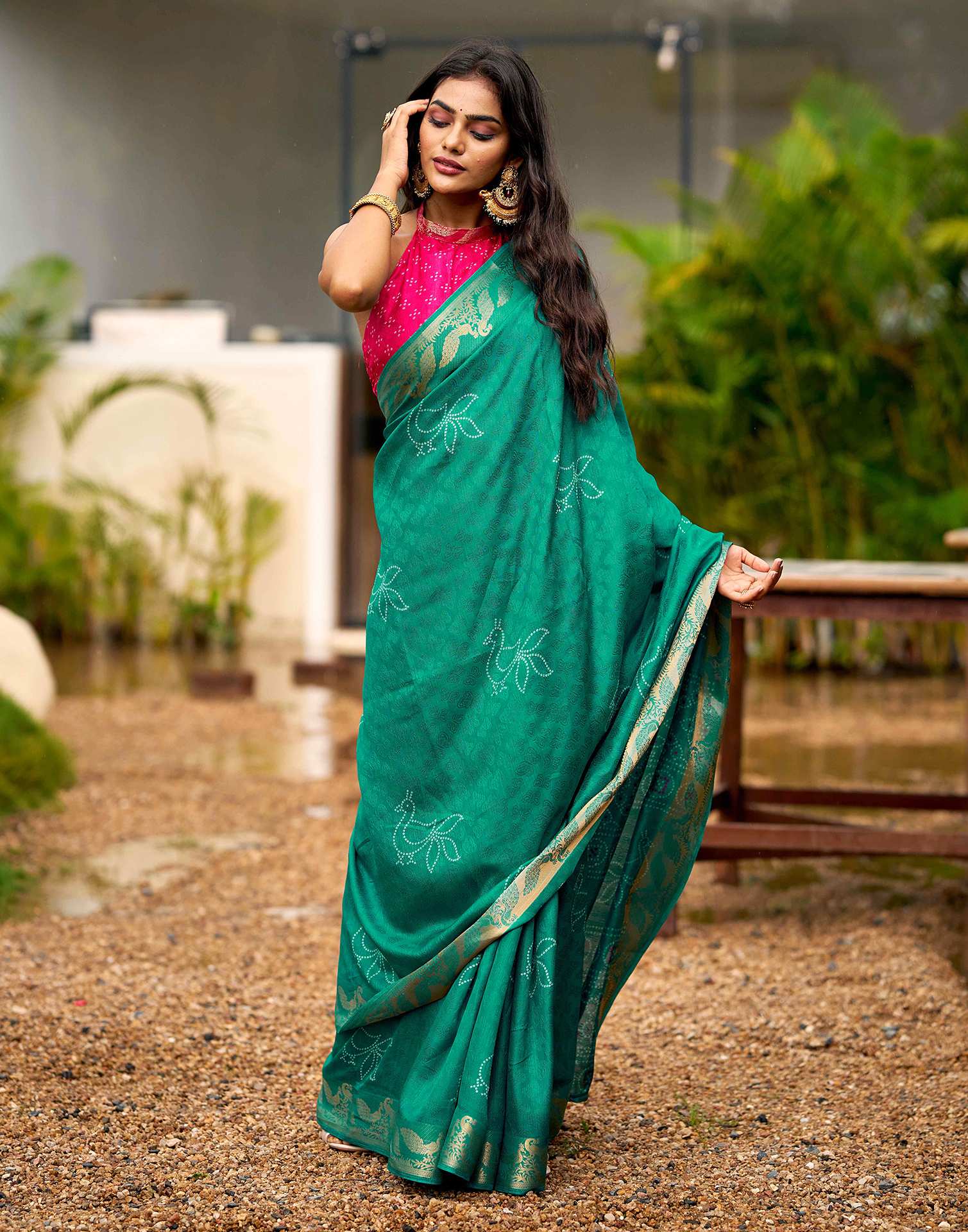 Teal Green Silk Bandhani Printed Saree