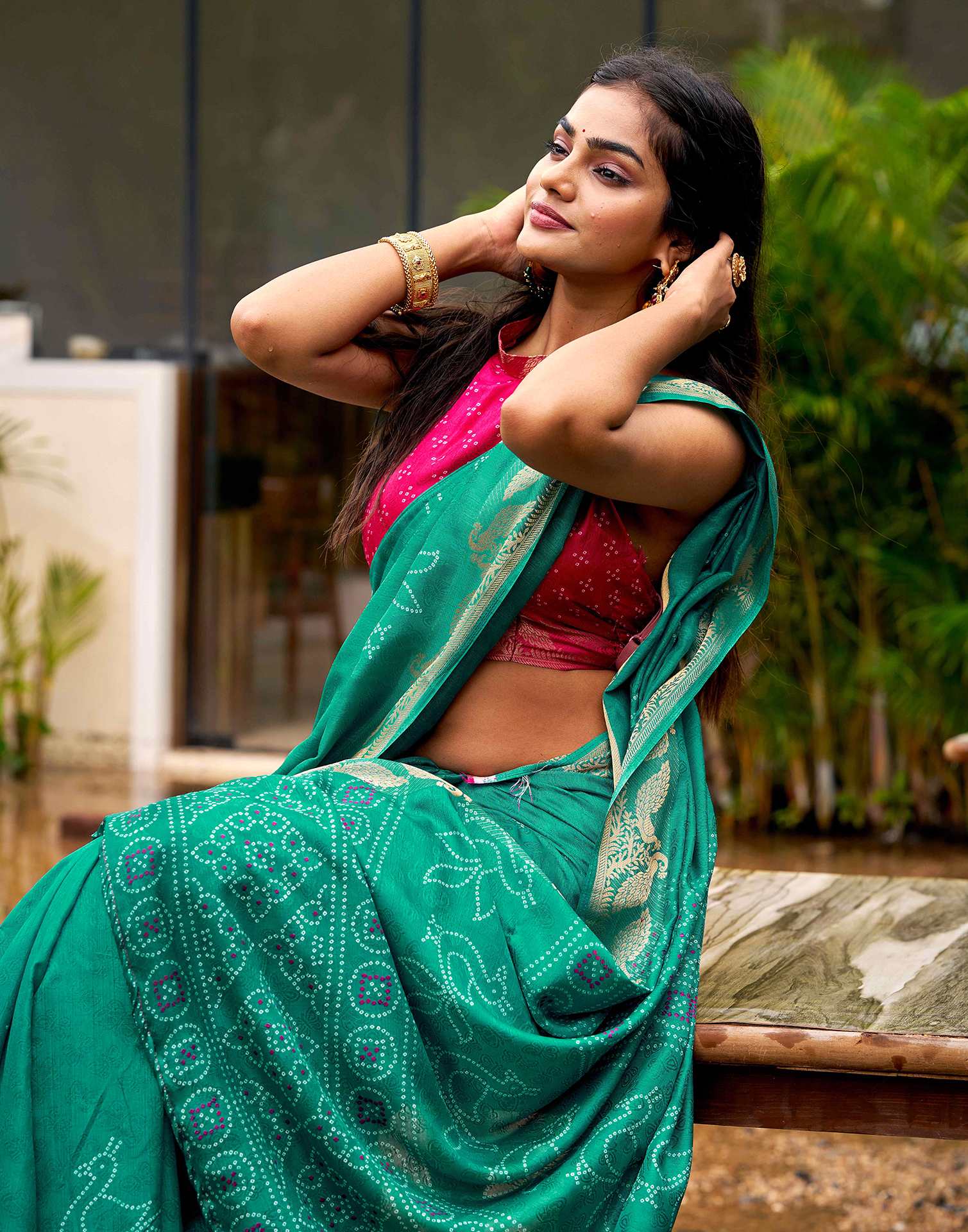 Teal Green Silk Bandhani Printed Saree