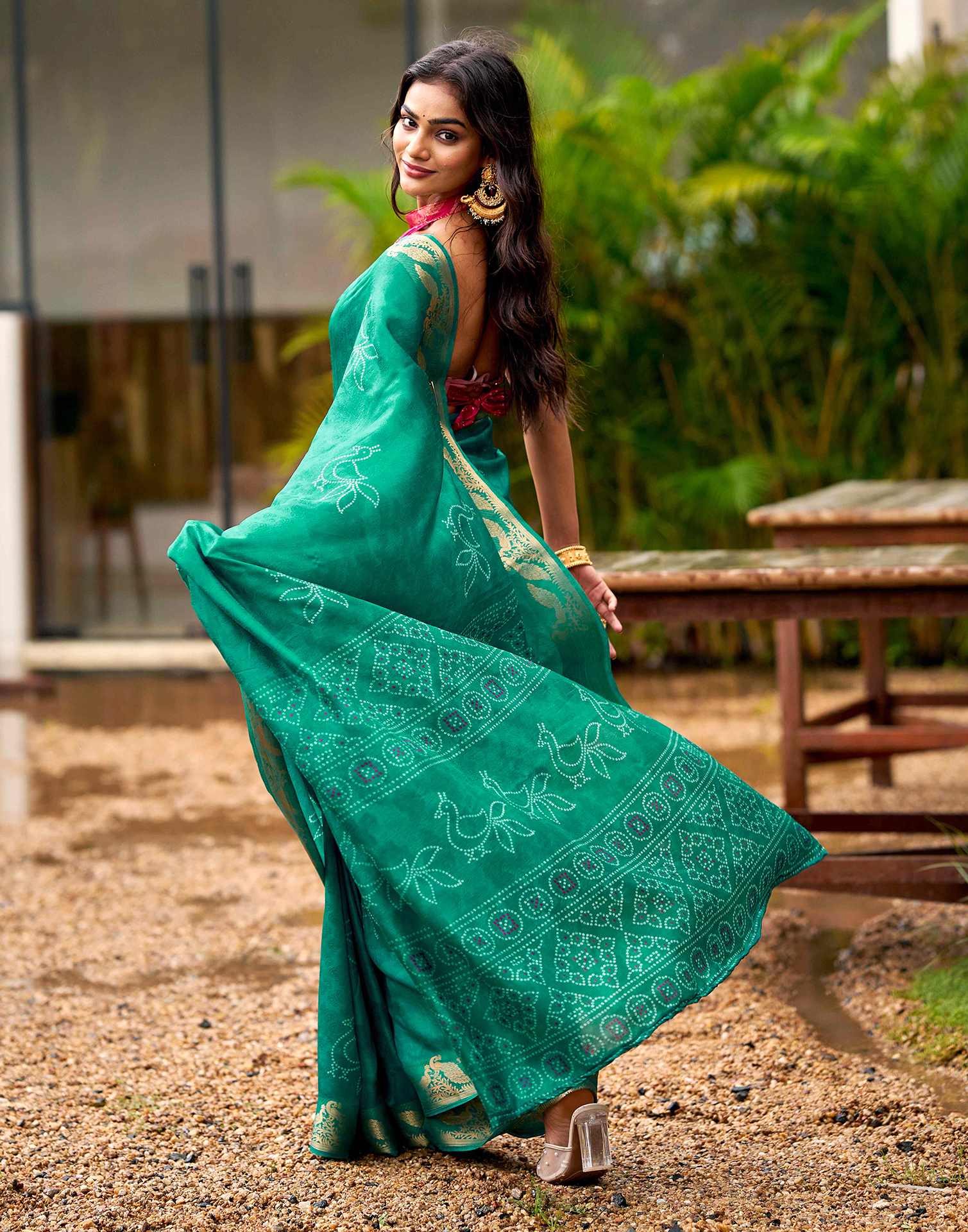 Teal Green Silk Bandhani Printed Saree