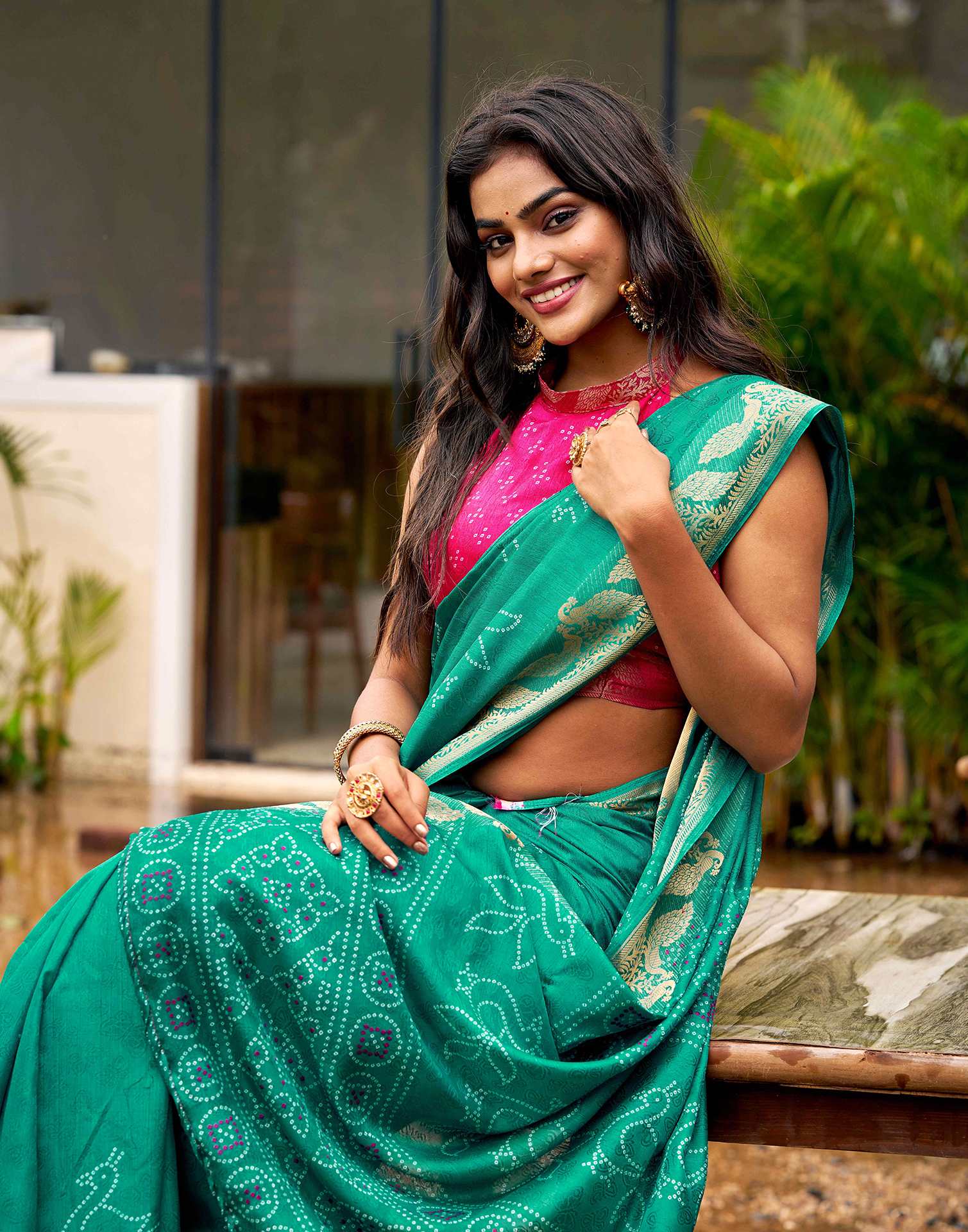 Teal Green Silk Bandhani Printed Saree