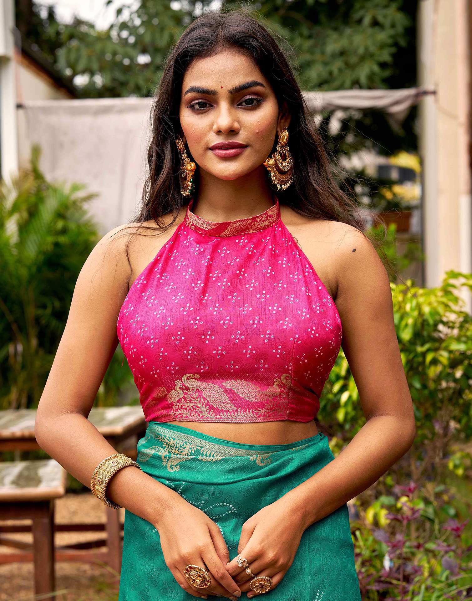 Teal Green Silk Bandhani Printed Saree