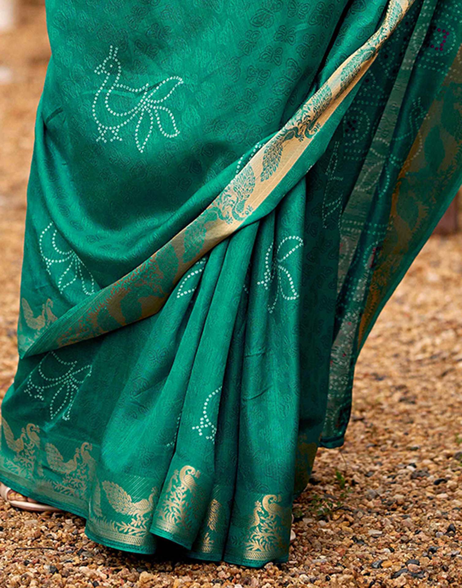 Teal Green Silk Bandhani Printed Saree