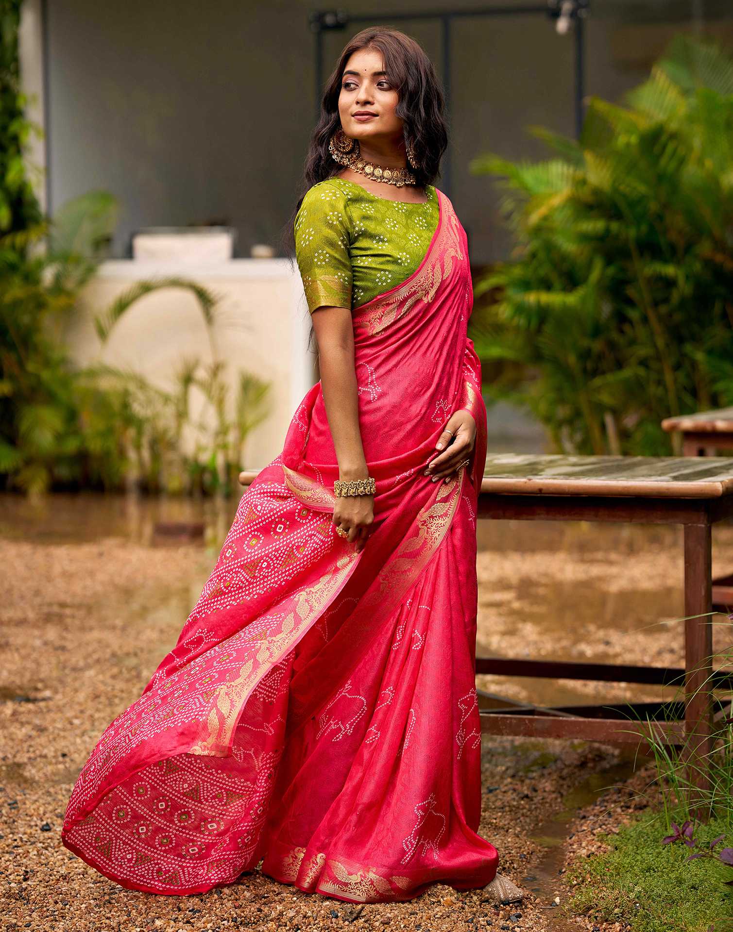 Coral Pink Silk Bandhani Printed Saree