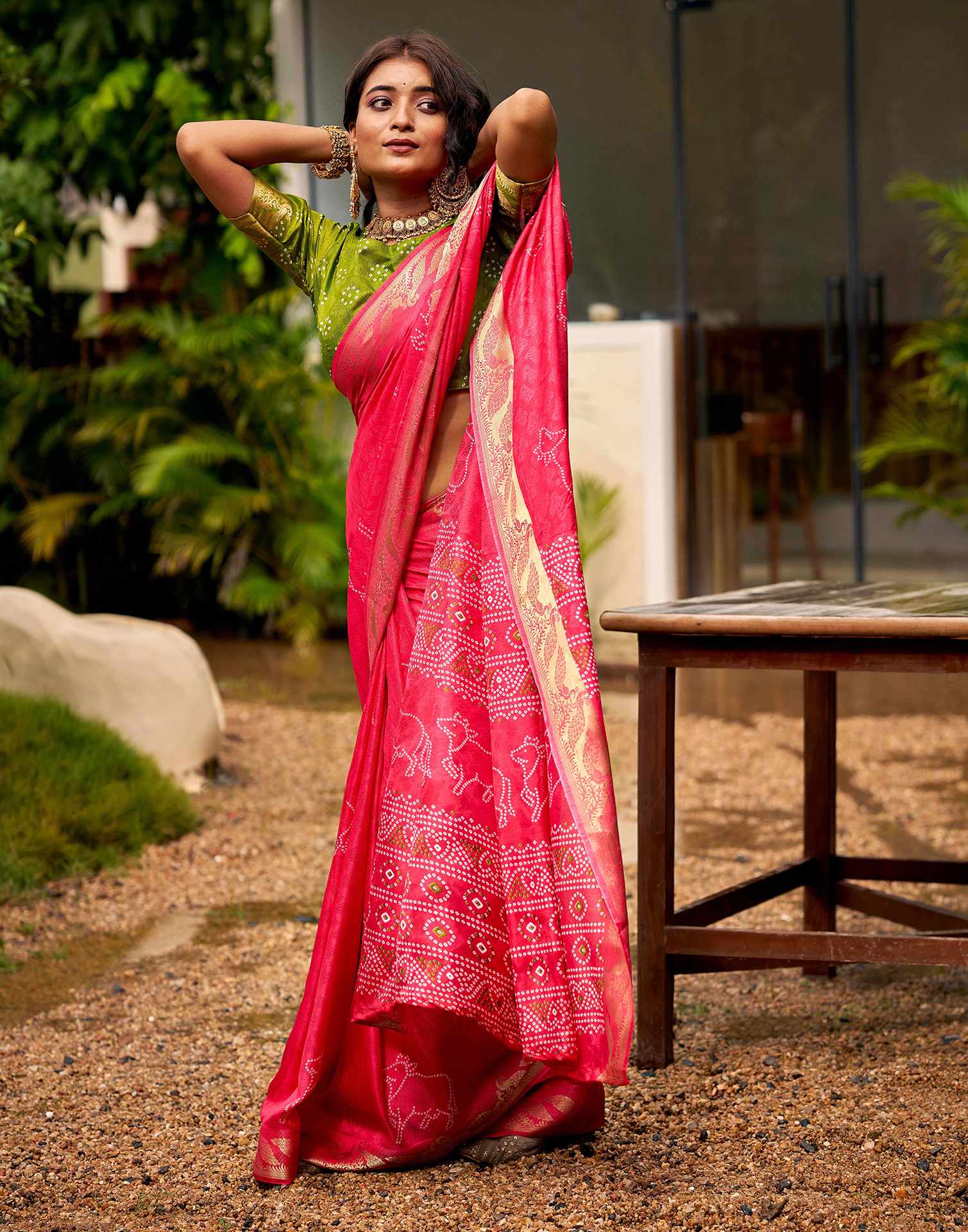 Coral Pink Silk Bandhani Printed Saree