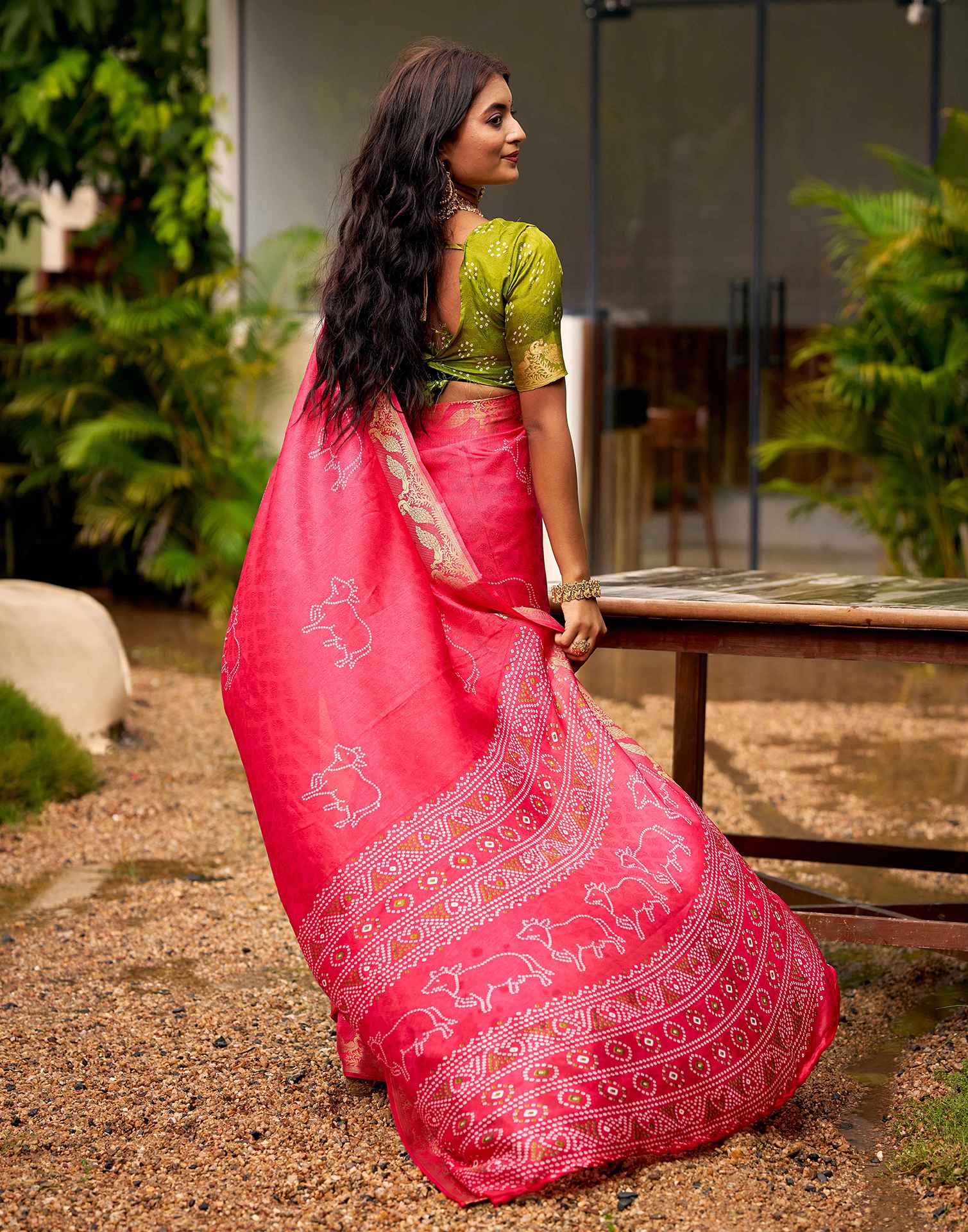 Coral Pink Silk Bandhani Printed Saree