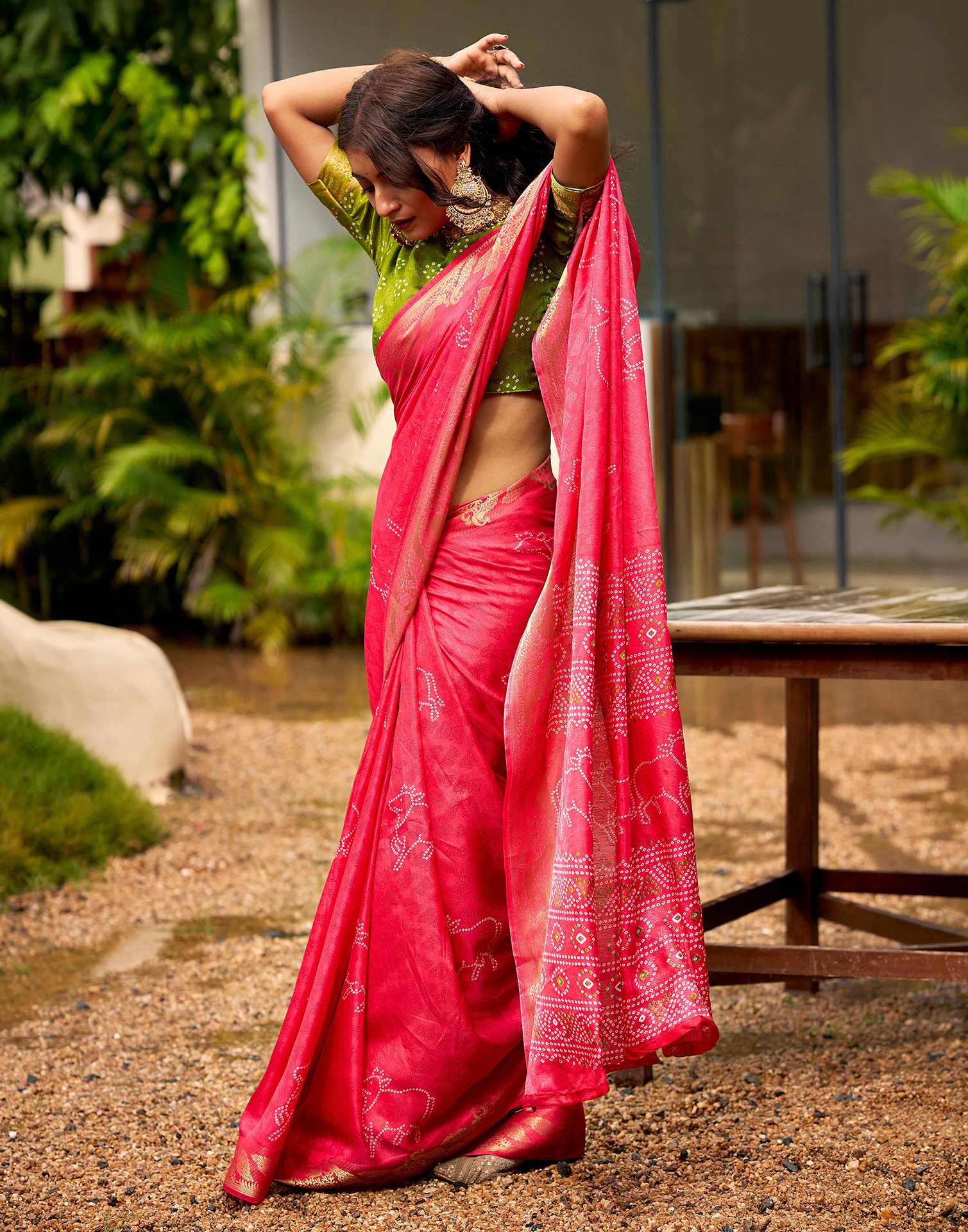 Coral Pink Silk Bandhani Printed Saree