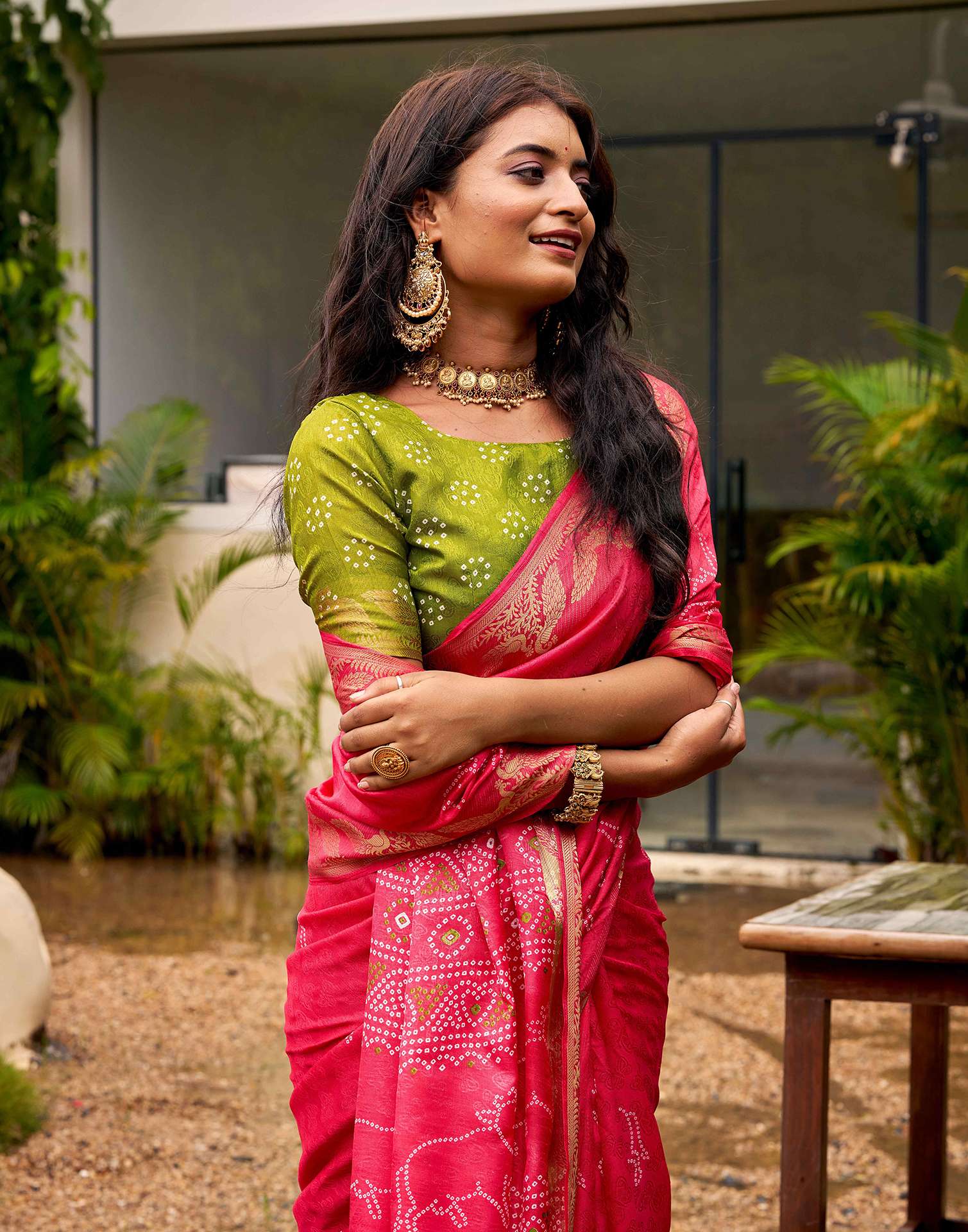 Coral Pink Silk Bandhani Printed Saree