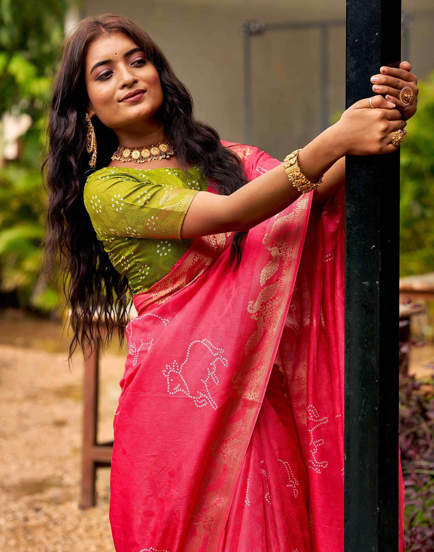 Coral Pink Silk Bandhani Printed Saree