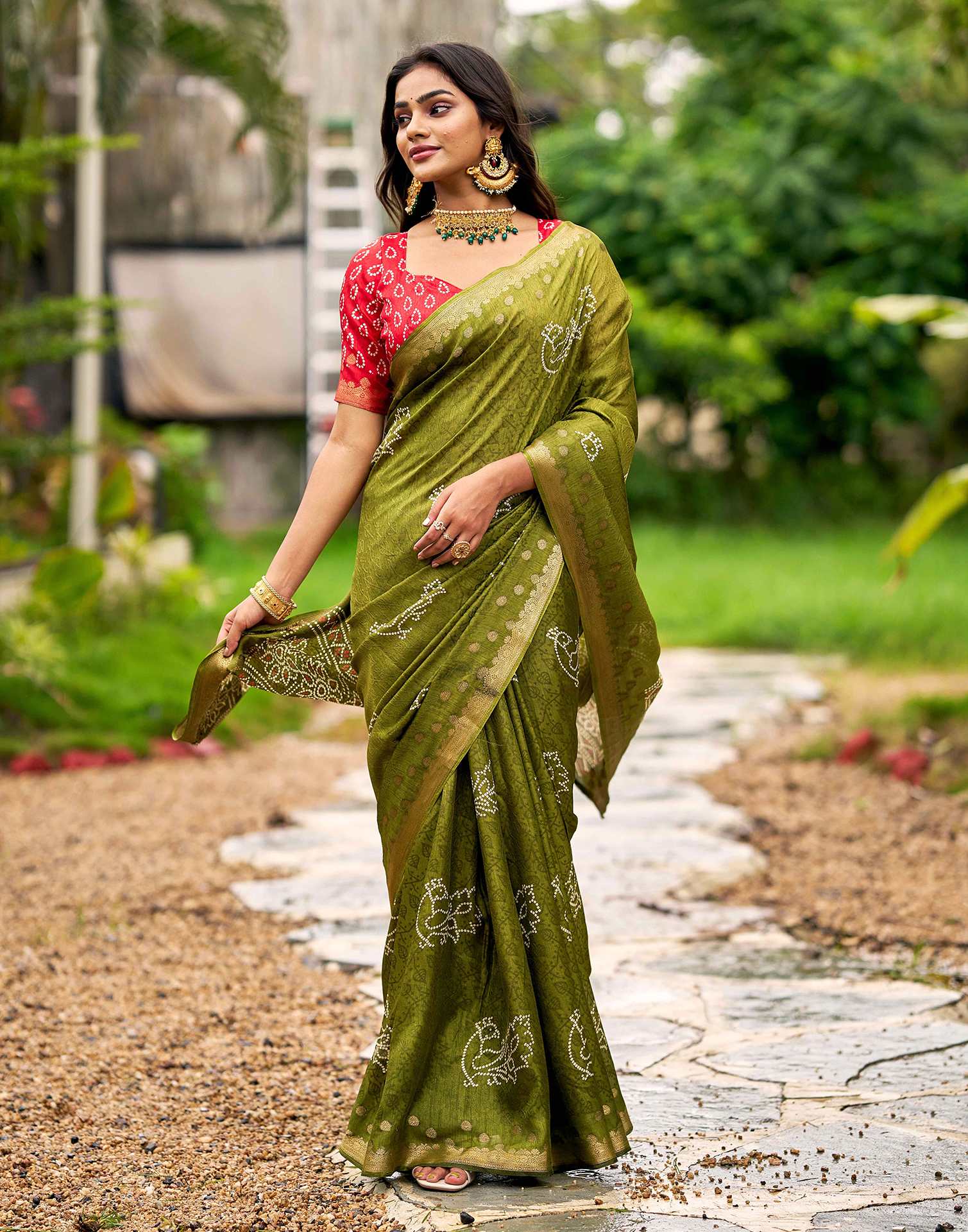 Mehandi Green Silk Bandhani Printed Saree