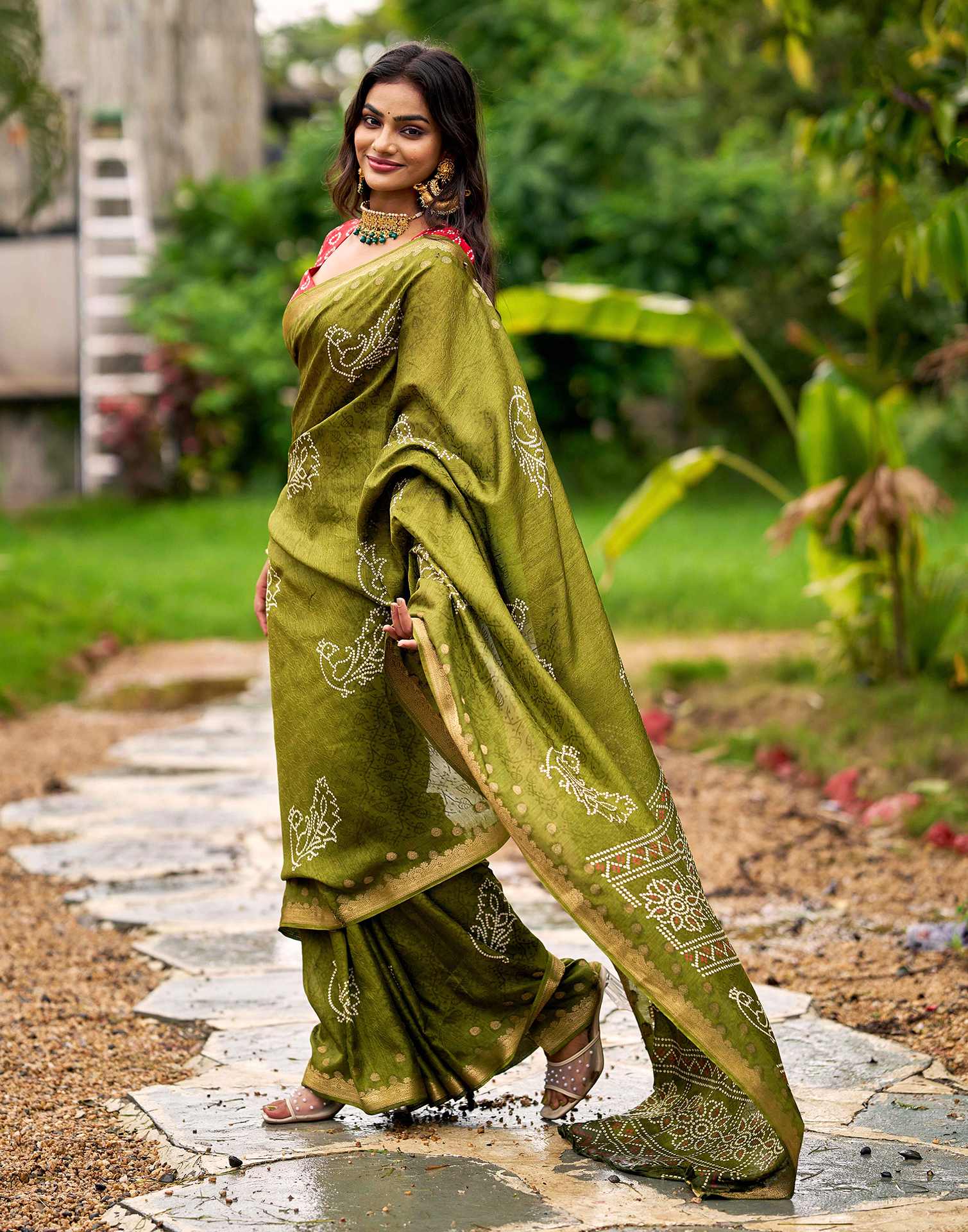 Mehandi Green Silk Bandhani Printed Saree