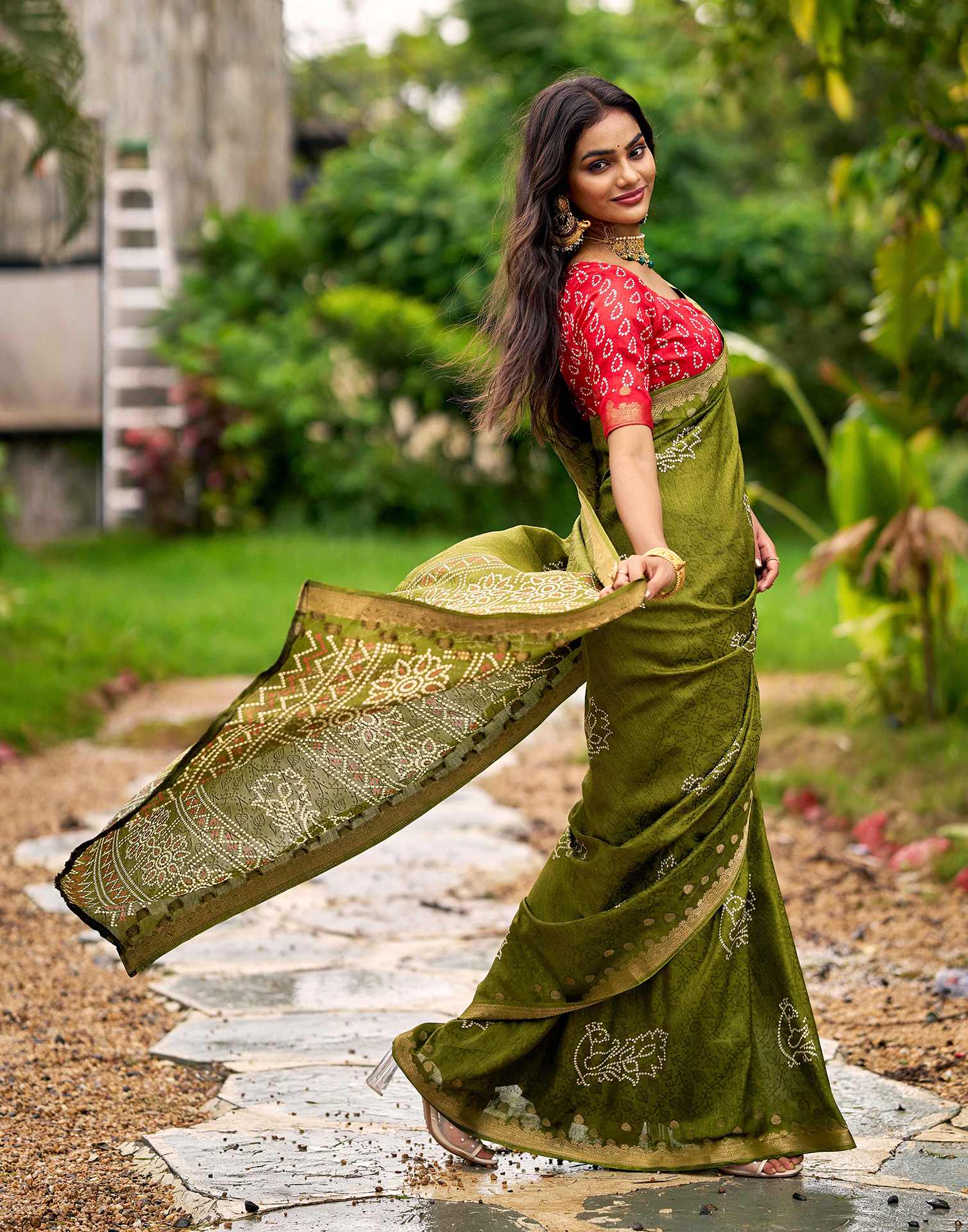 Mehandi Green Silk Bandhani Printed Saree