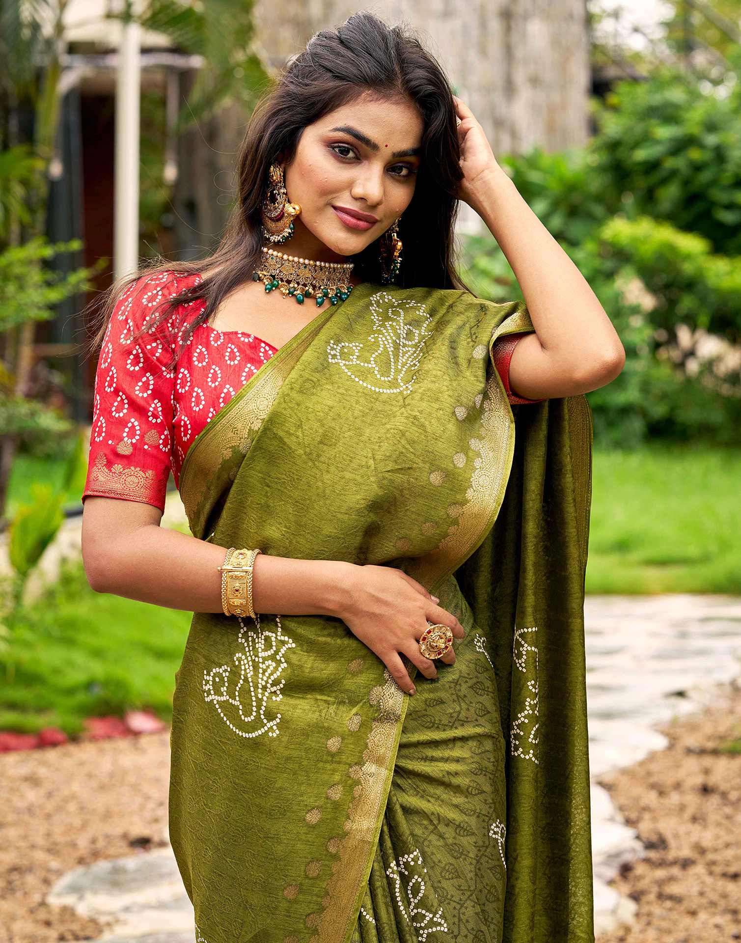 Mehandi Green Silk Bandhani Printed Saree