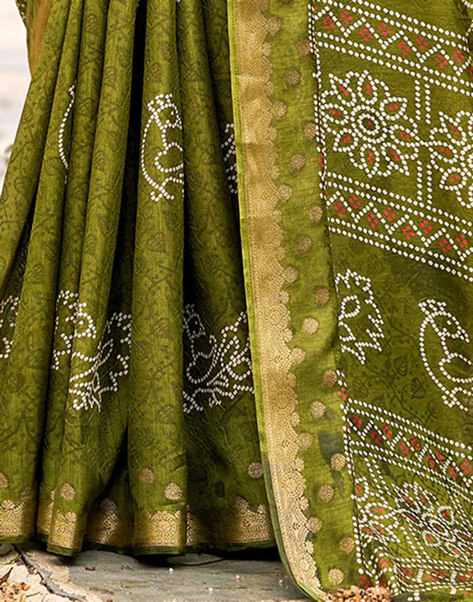Mehandi Green Silk Bandhani Printed Saree