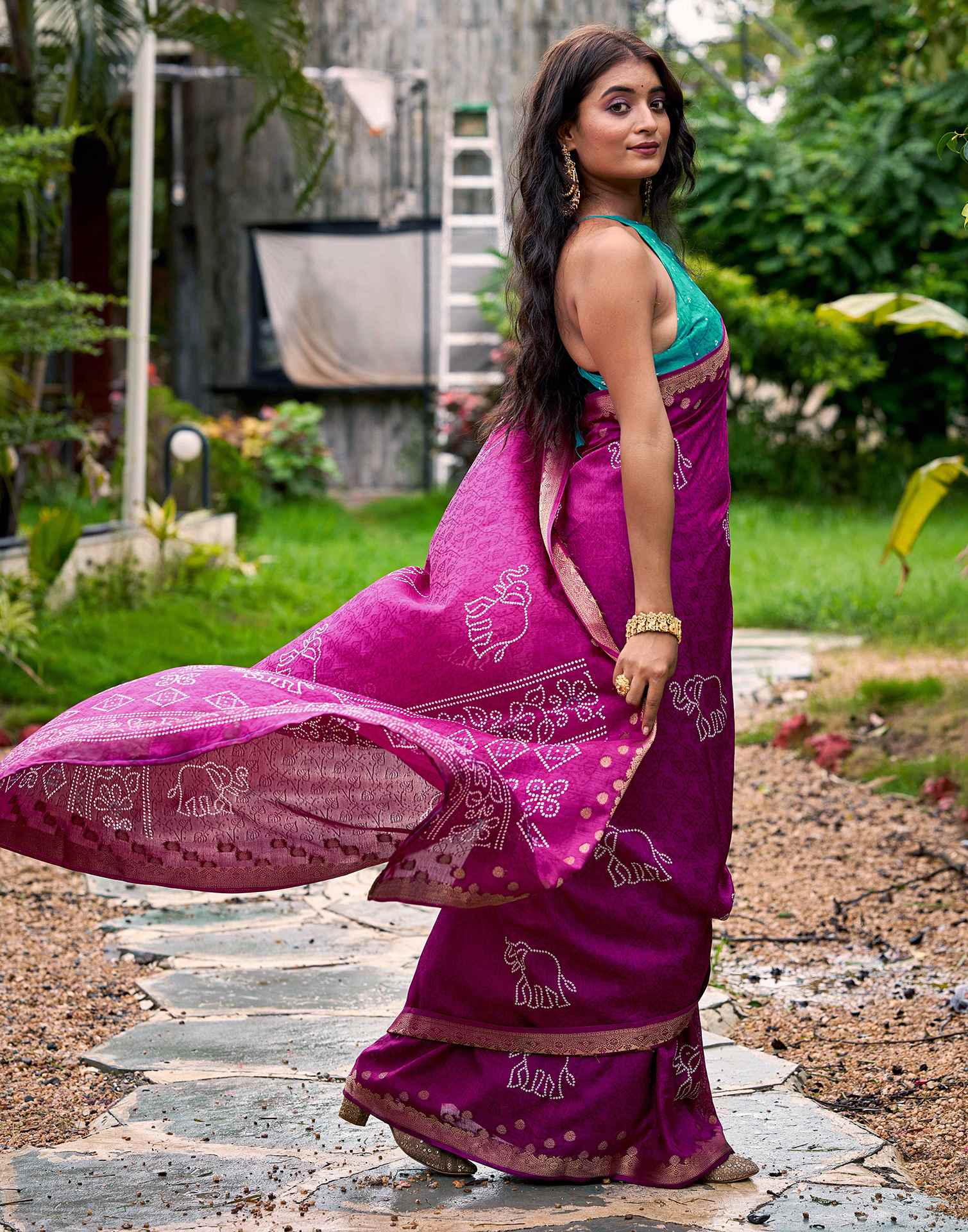 Magenta Silk Bandhani Printed Saree