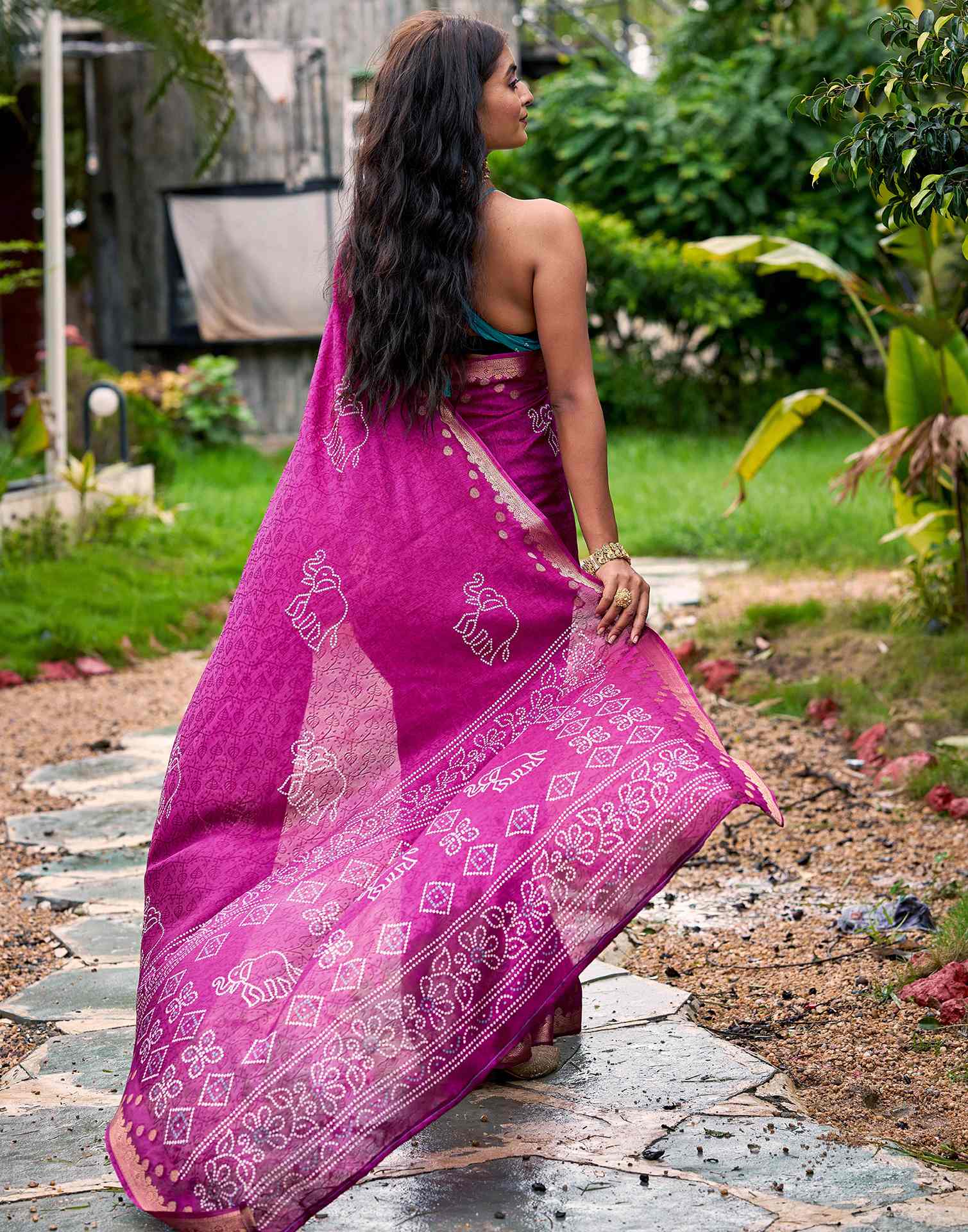 Magenta Silk Bandhani Printed Saree