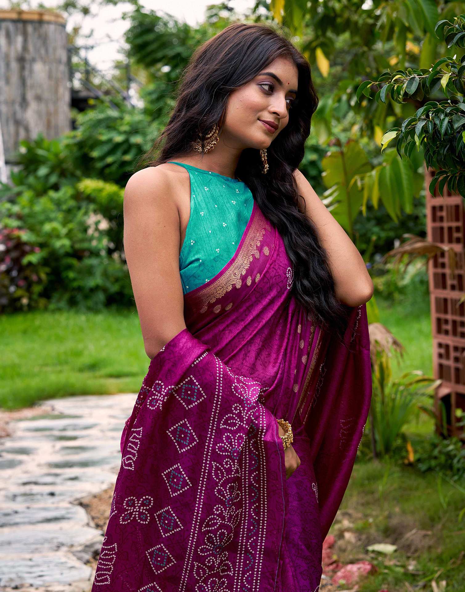 Magenta Silk Bandhani Printed Saree