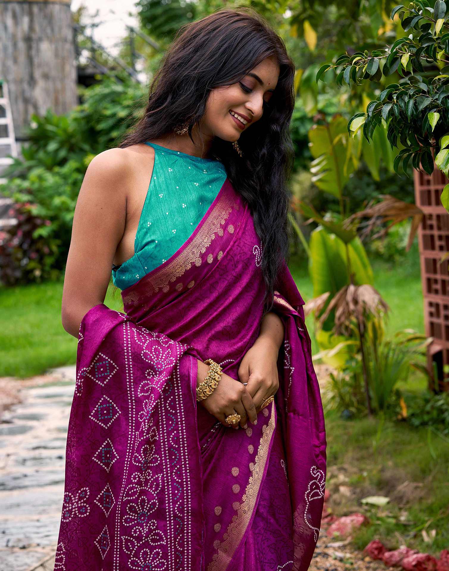 Magenta Silk Bandhani Printed Saree