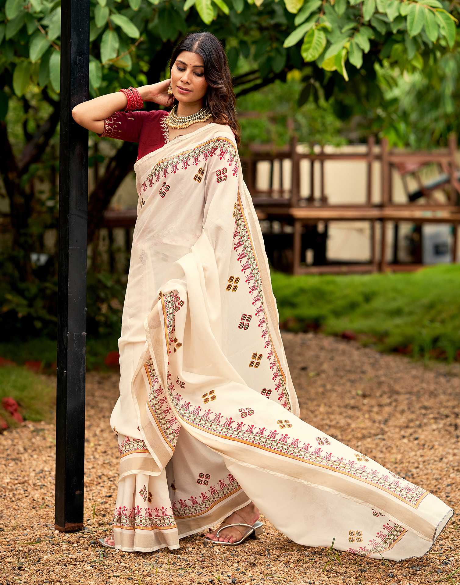 Cream Tussar Silk Printed Saree