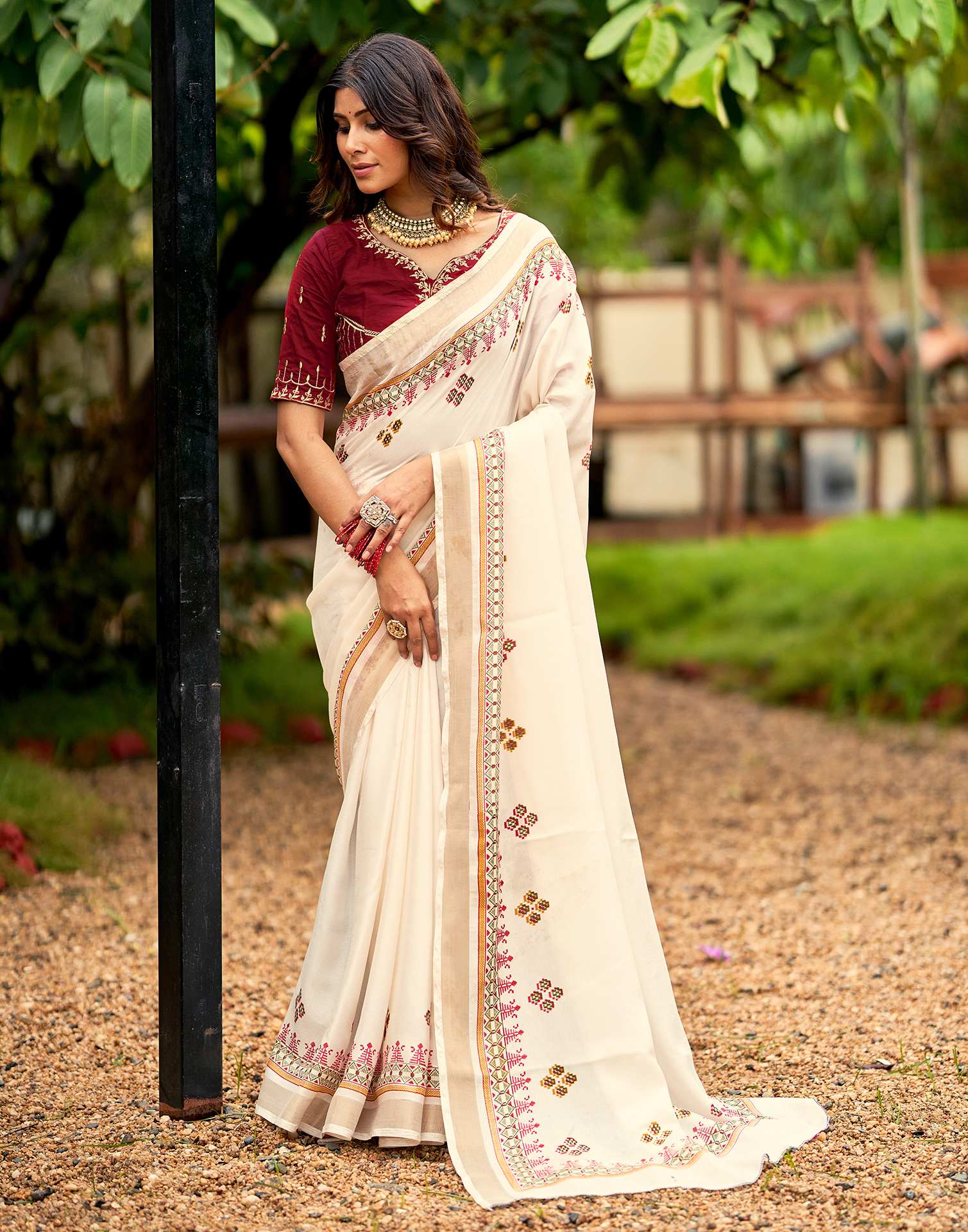 Cream Tussar Silk Printed Saree