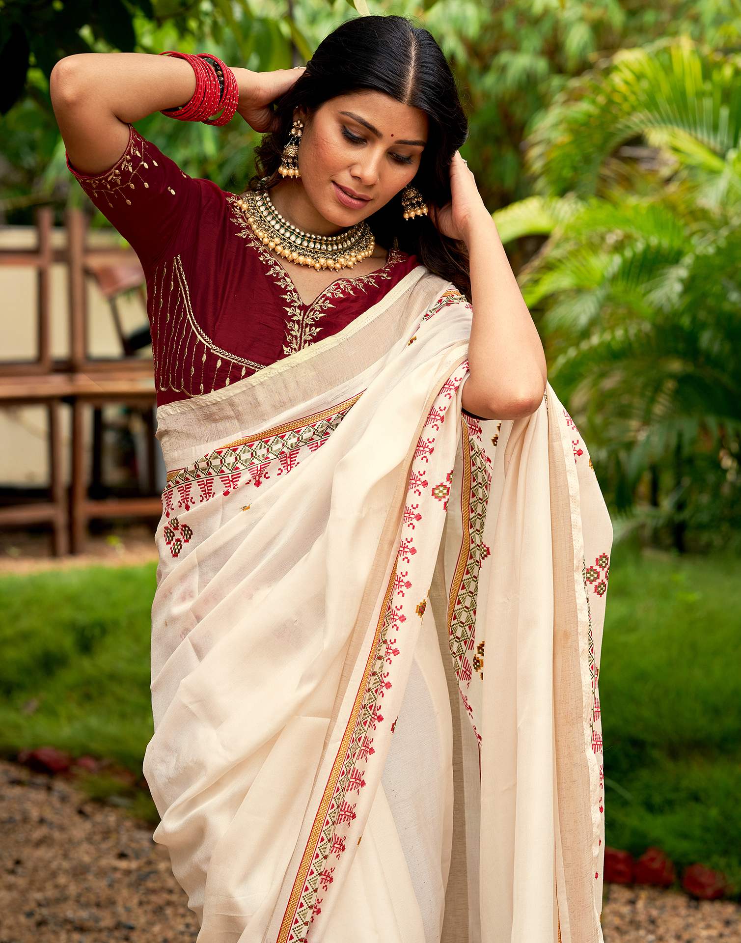 Cream Tussar Silk Printed Saree