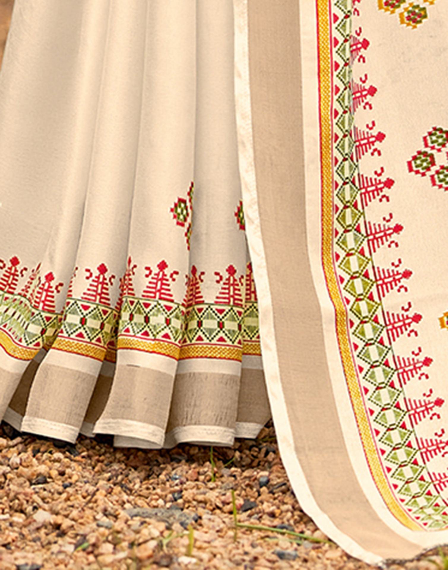 Cream Tussar Silk Printed Saree