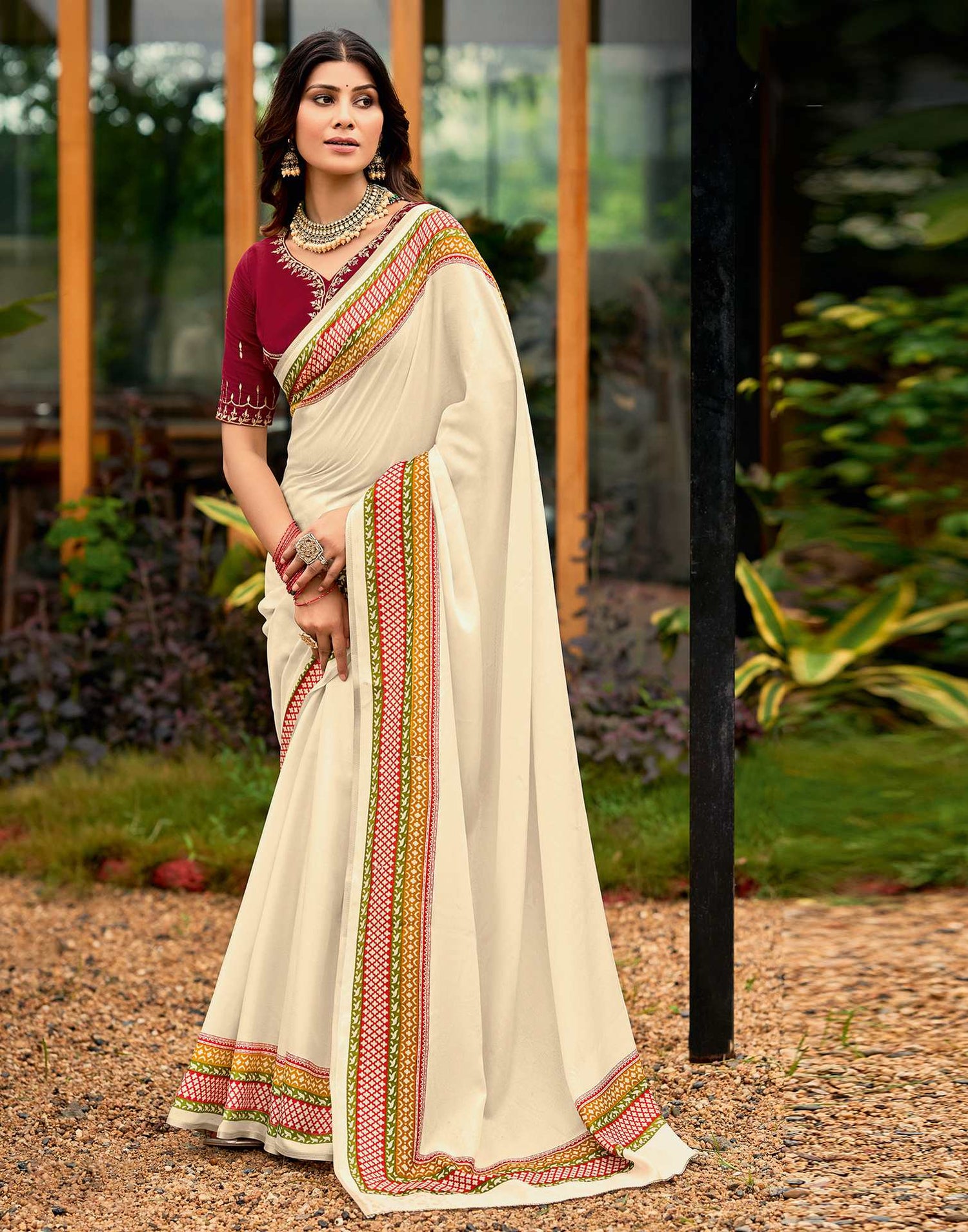 Cream Tussar Silk Printed Saree