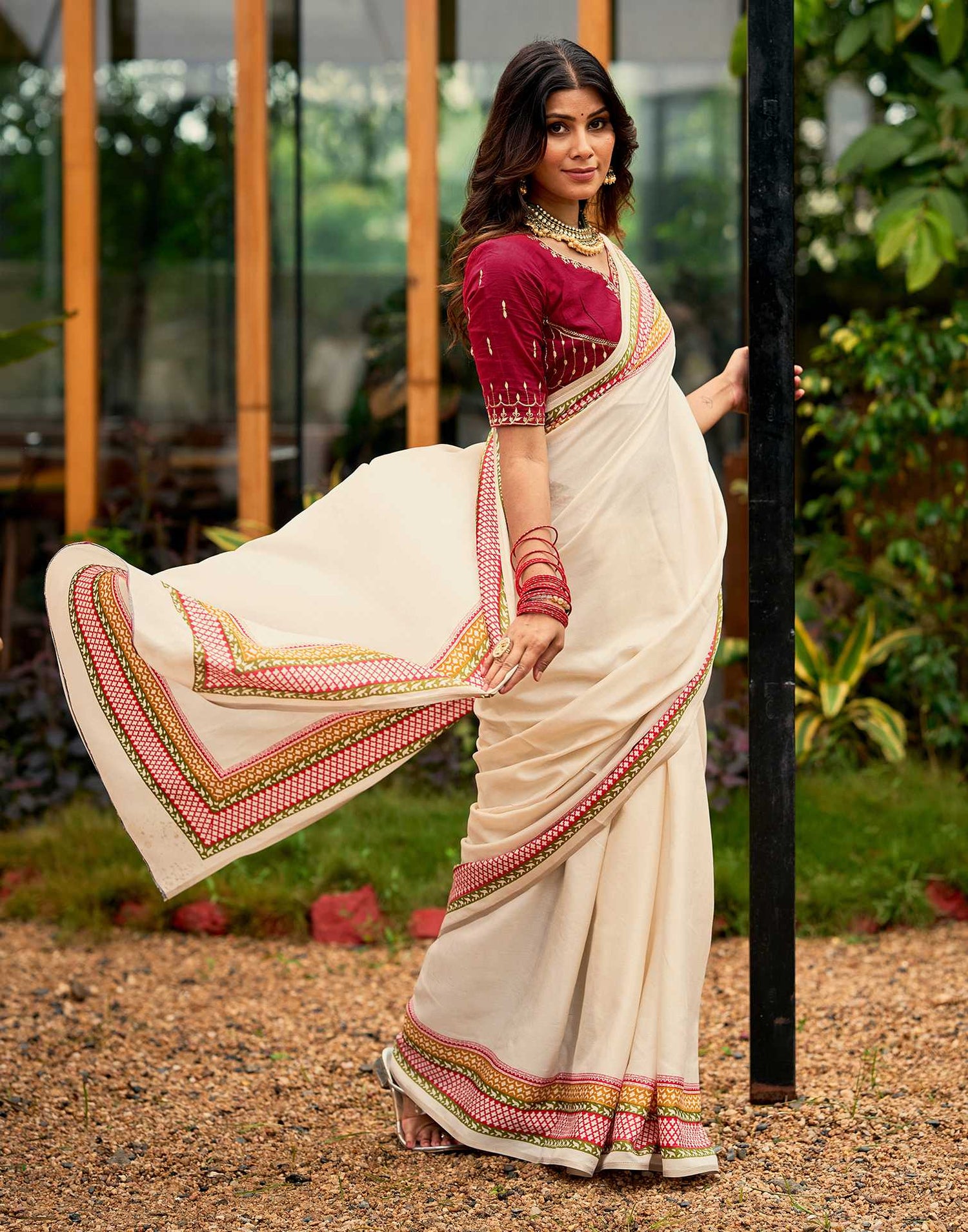 Cream Tussar Silk Printed Saree