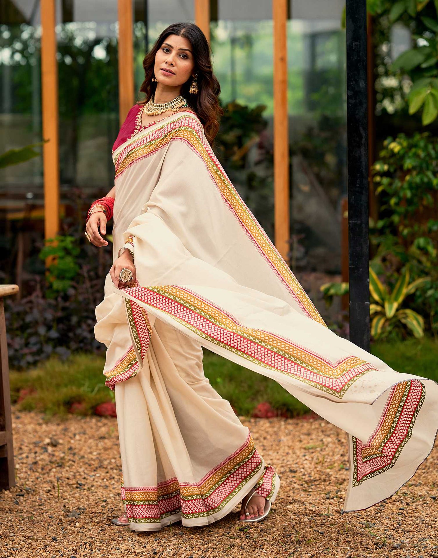 Cream Tussar Silk Printed Saree
