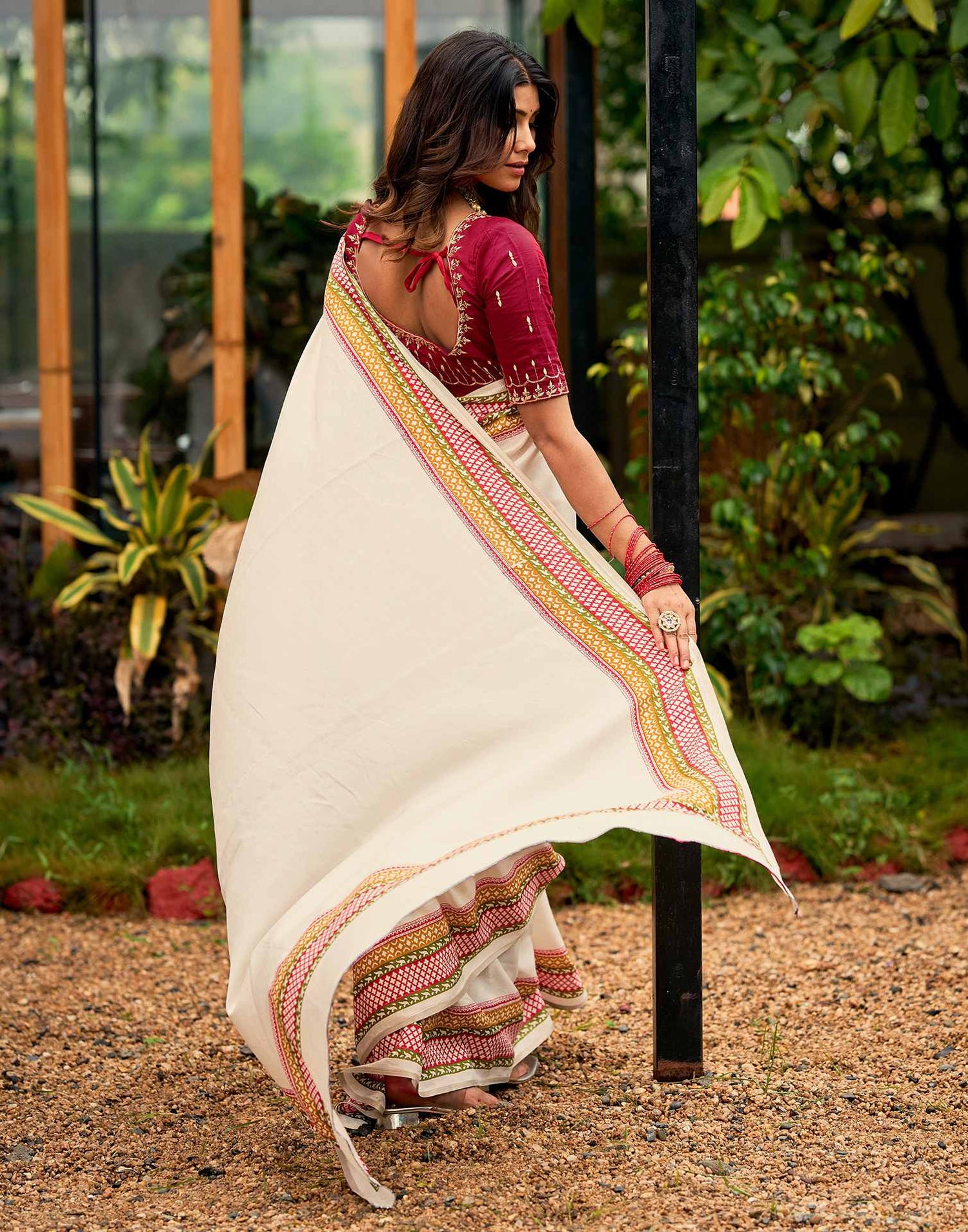 Cream Tussar Silk Printed Saree