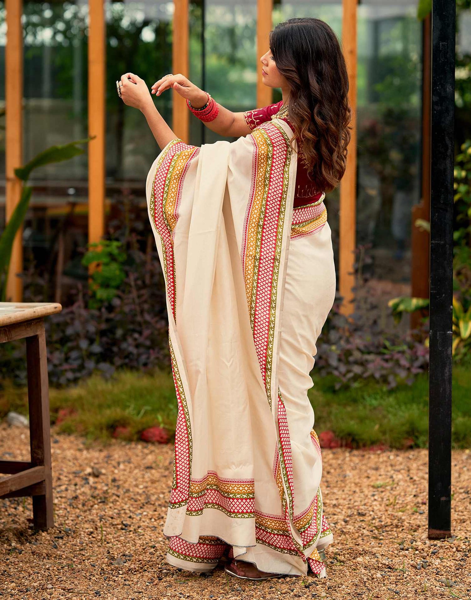 Cream Tussar Silk Printed Saree