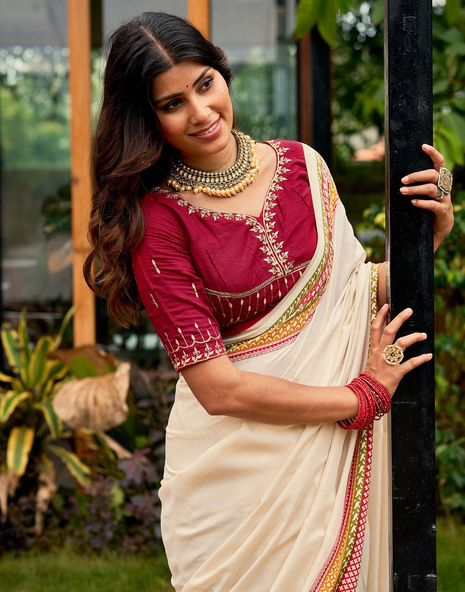 Cream Tussar Silk Printed Saree