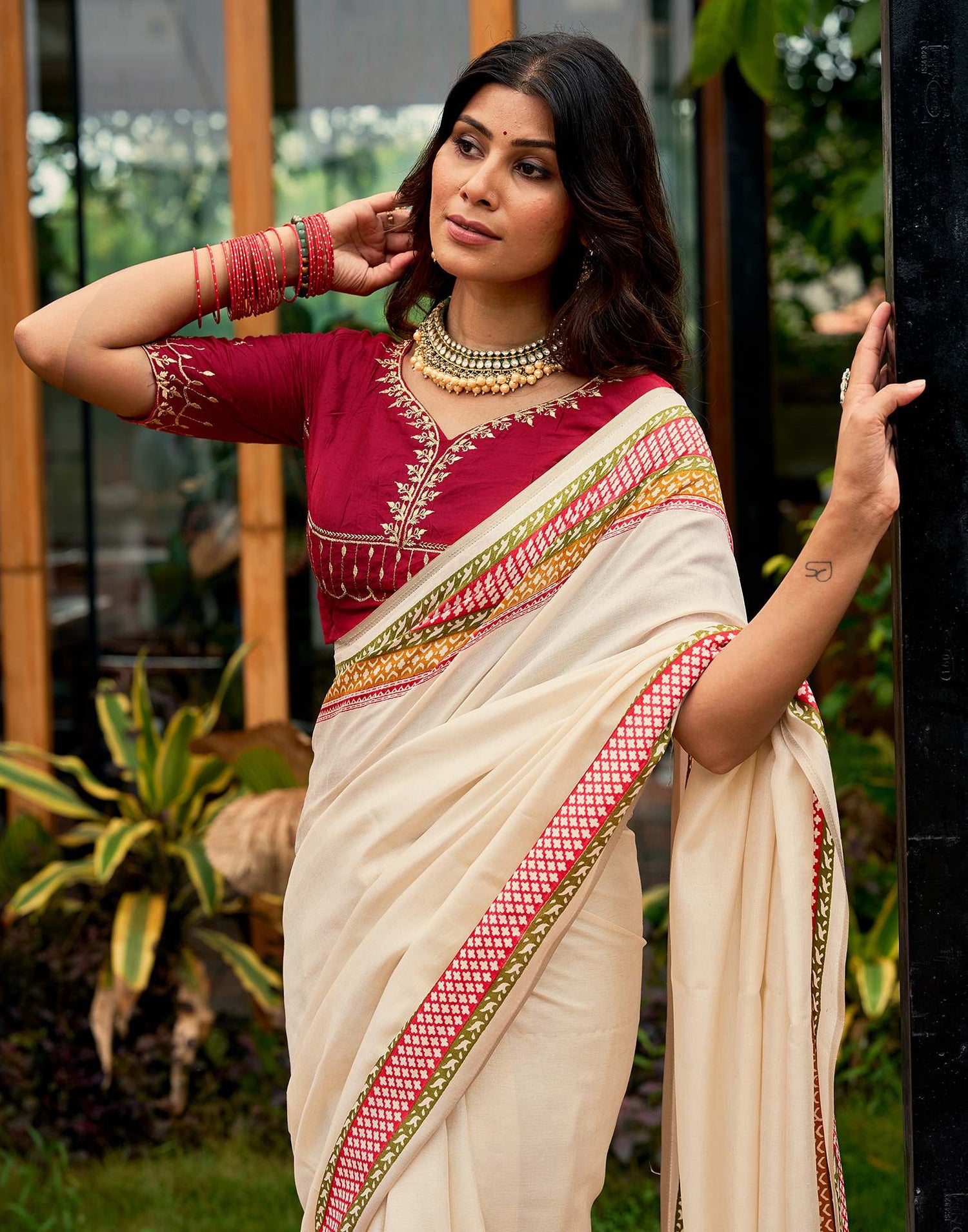 Cream Tussar Silk Printed Saree